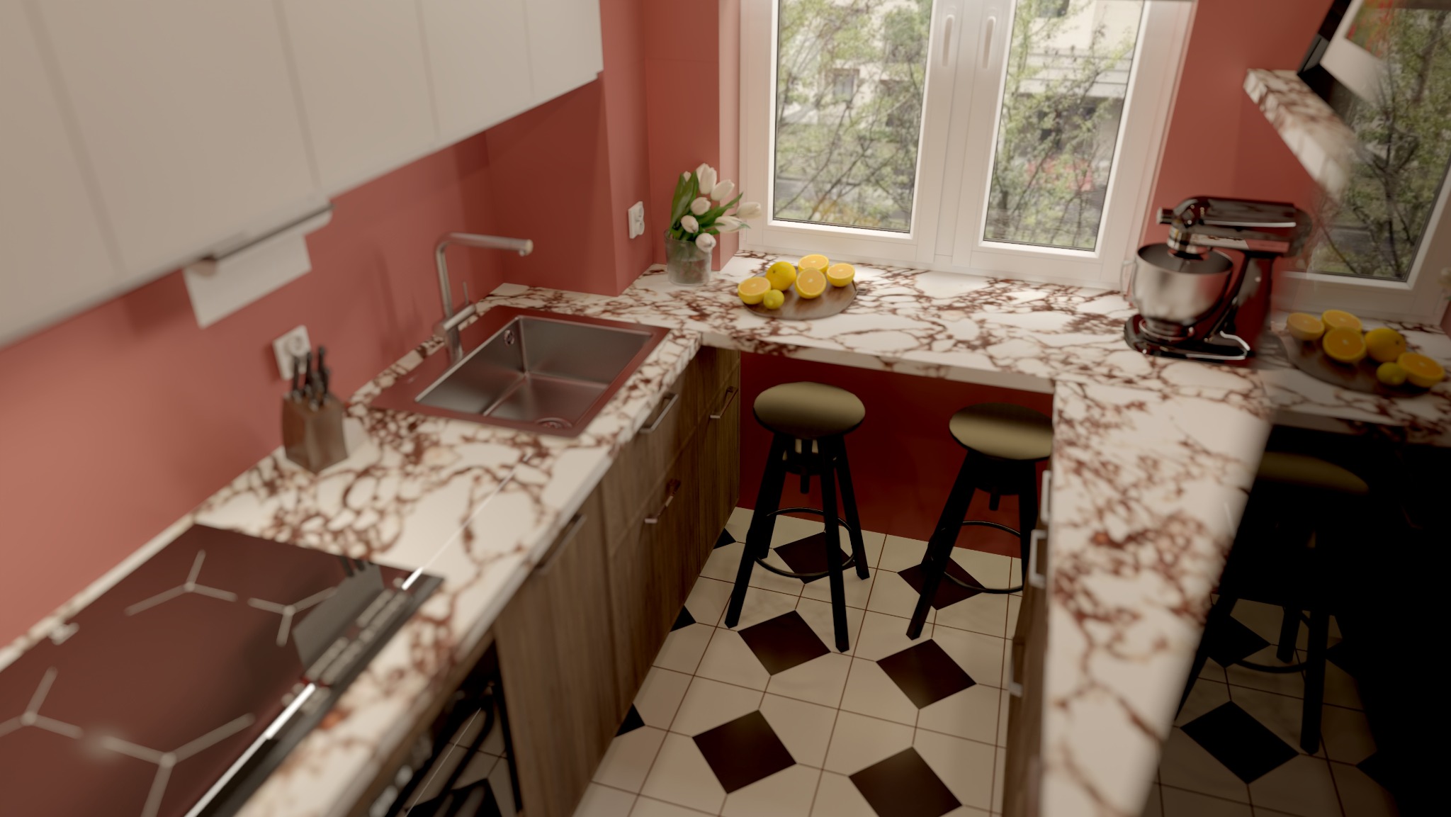 Wnętrze kuchni z marmurowym blatem, hokerami i widokiem na zieleń za oknem. Białe szafki górne kontrastują z koralowymi ścianami i wzorzystą podłogą.
