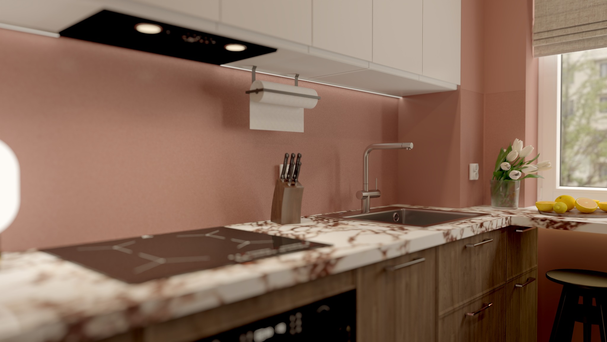 Nowoczesna kuchnia z marmurowym blatem, drewnianymi szafkami i różowymi ścianami. Na blacie kwiaty w wazonie, owoce i stojak na noże. Minimalistyczny design.
