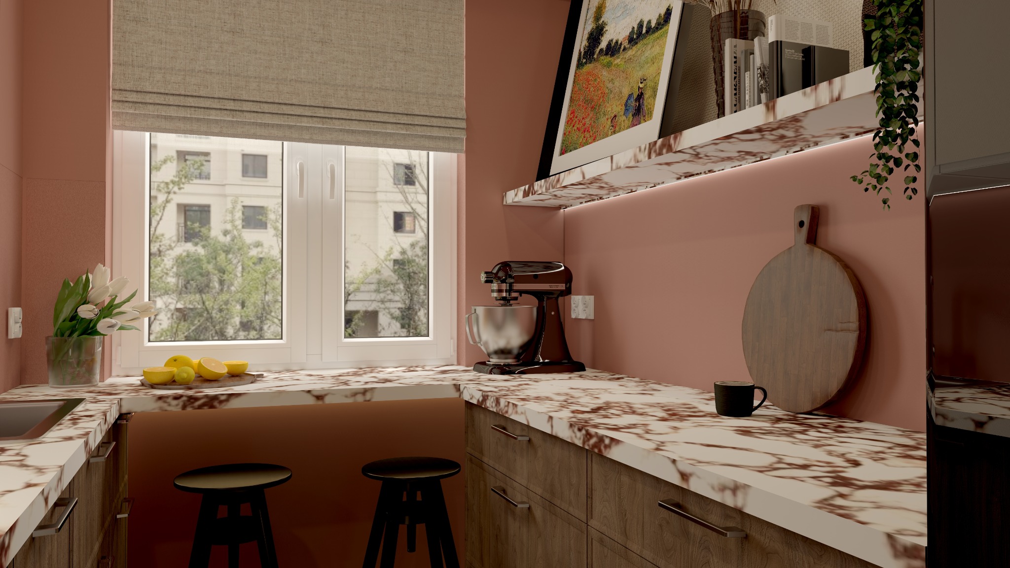 Nowoczesna aranżacja kuchni w Bąkowie: marmurowy blat, drewniane szafki, różowe ściany, okno z widokiem na zieleń i dekoracje - kwiaty, deska, mikser.