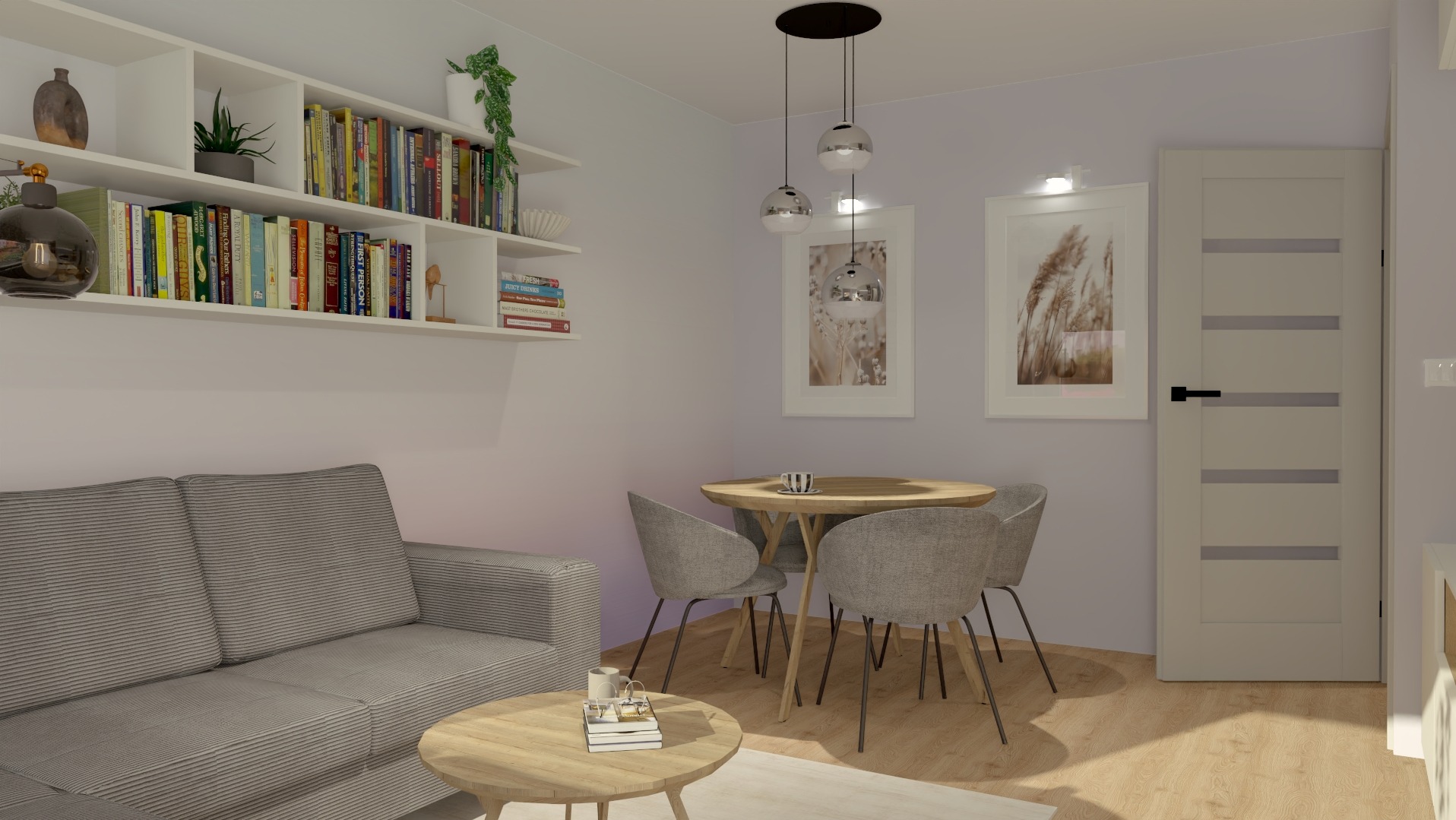 Jasne wnętrze salonu z sofą, okrągłym stołem jadalnym i półkami z książkami. Minimalistyczny design z akcentami roślinnymi i nowoczesnym oświetleniem.