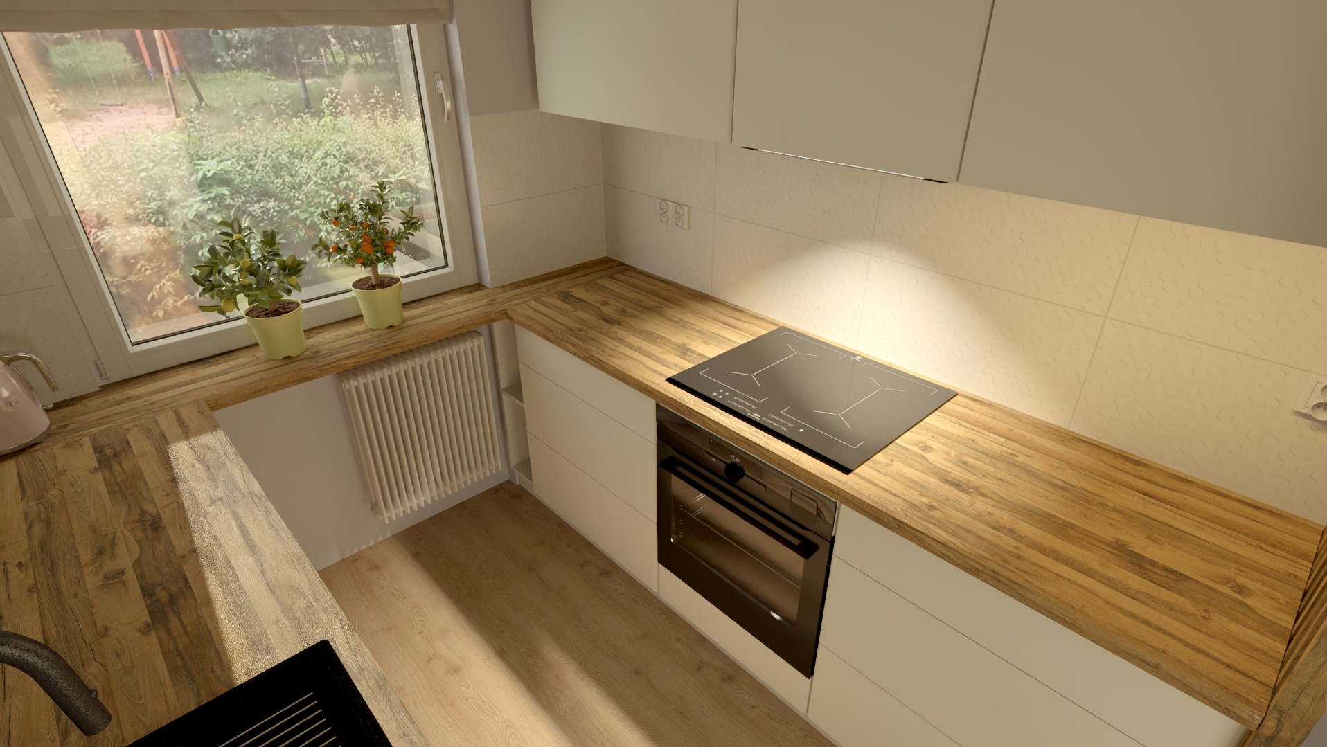 Jasna kuchnia z drewnianym blatem, płytą indukcyjną i białymi szafkami. Na blacie przy oknie doniczki z roślinami. Widok z góry.