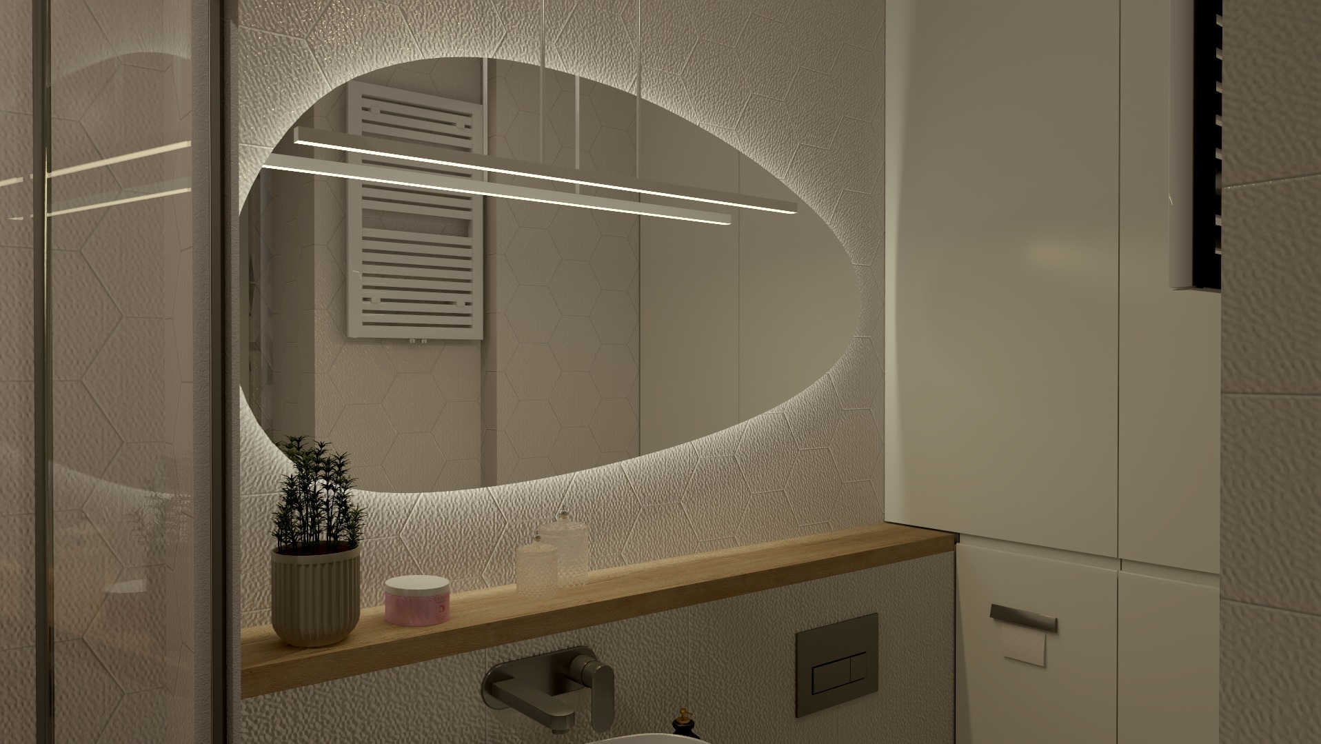 Nowoczesna łazienka z owalnym lustrem LED, drewnianą półką z dekoracjami i płytkami w geometryczny wzór. Minimalistyczny design i ciepłe oświetlenie.