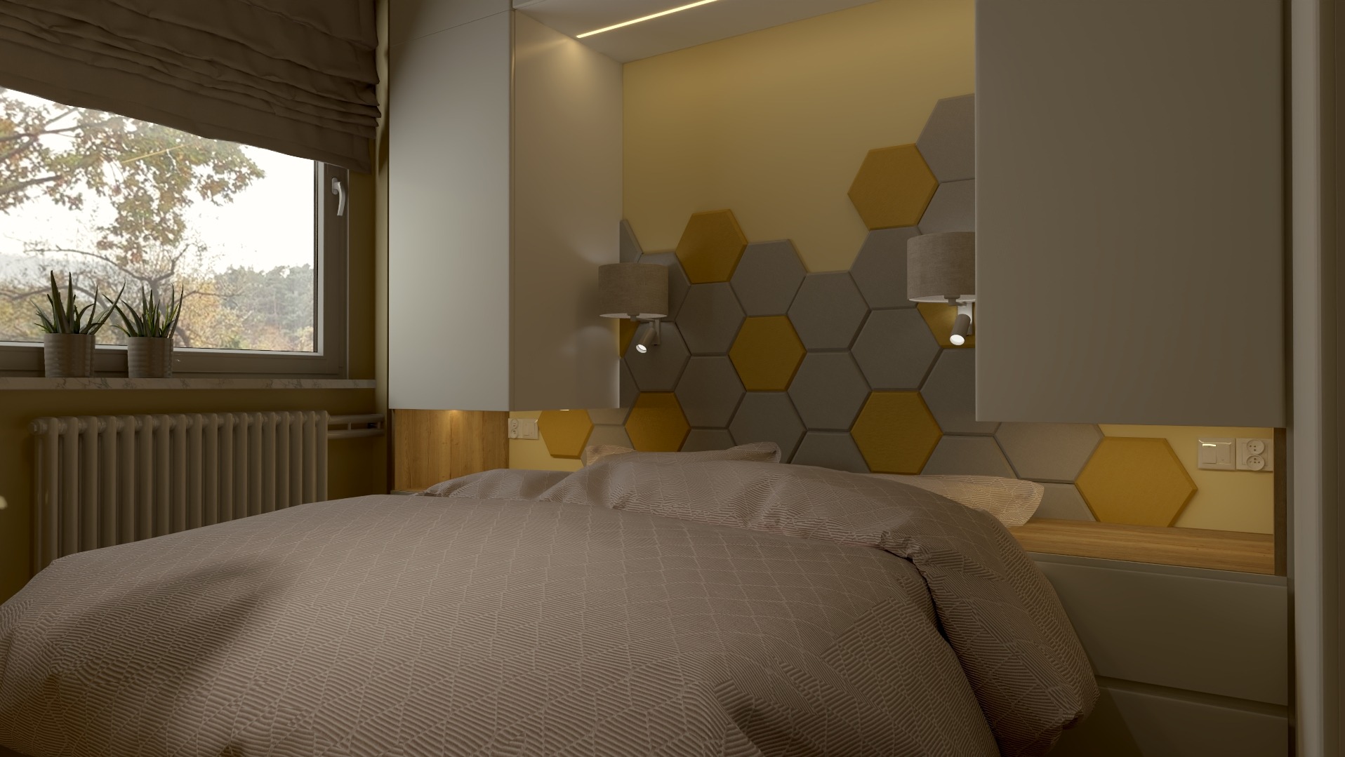 Nowoczesna sypialnia z łóżkiem, heksagonalnym panelem ściennym w odcieniach szarości i żółci oraz oknem z widokiem na drzewa. Lampki nocne subtelnie oświetlają przestrzeń.