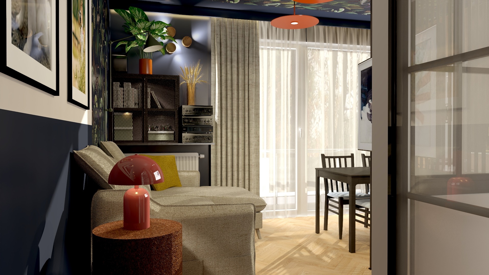 Aranżacja salonu w ciemnych barwach: sofa, stolik z lampką, regał z książkami i sprzętem audio, okno z zasłonami, stół z krzesłami. Nowoczesny wystrój z roślinami doniczkowymi.