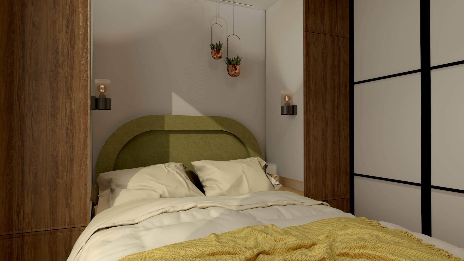 Nowoczesna sypialnia z zielonym zagłówkiem, drewnianymi szafami i wiszącymi roślinami. Żółty pled dodaje ciepła wnętrzu. Lampki nocne oświetlają przestrzeń.