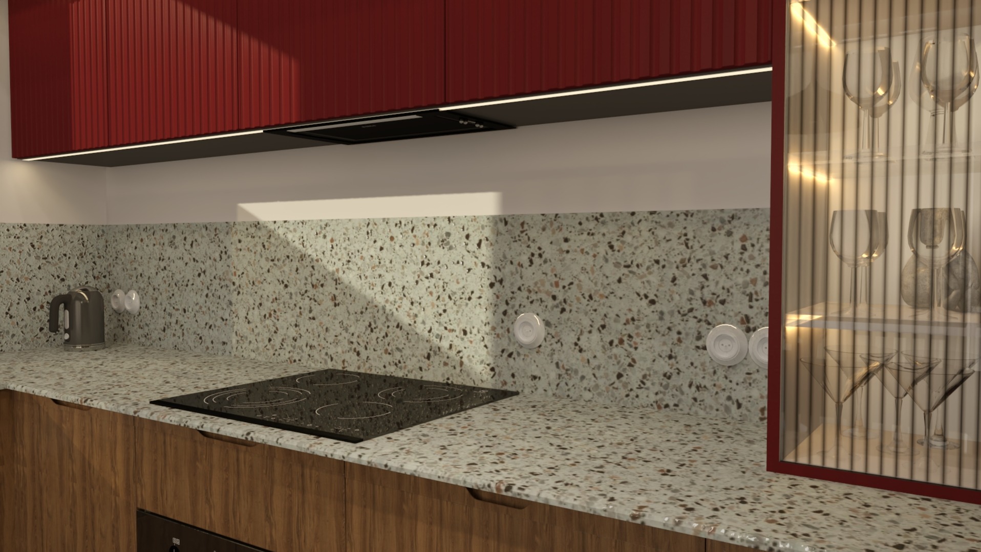 Nowoczesna kuchnia z czerwonymi szafkami, blatem w lastryko i szklaną witryną z kieliszkami. Minimalistyczny design, oświetlenie LED pod szafkami.