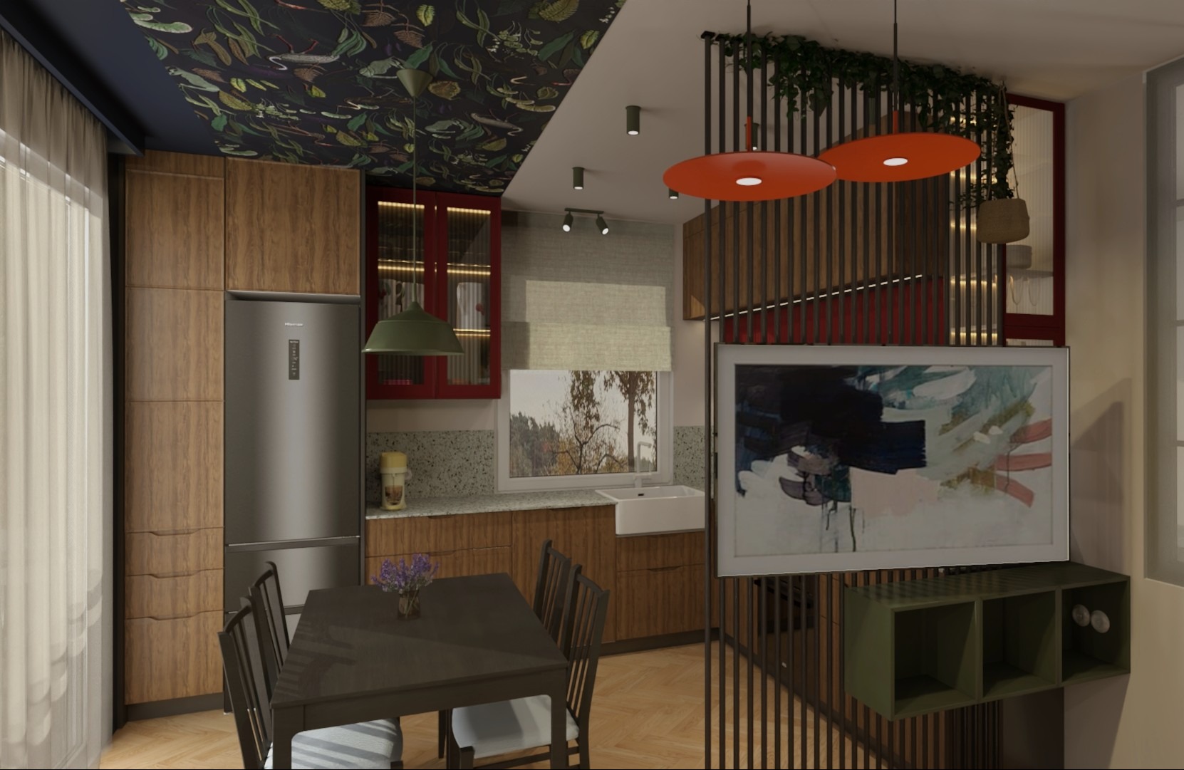 Wizualizacja kuchni z jadalnią: drewniane szafki, czerwone akcenty, wzorzysty sufit, stół z krzesłami, lampy i dekoracje tworzą spójną, artystyczną przestrzeń.