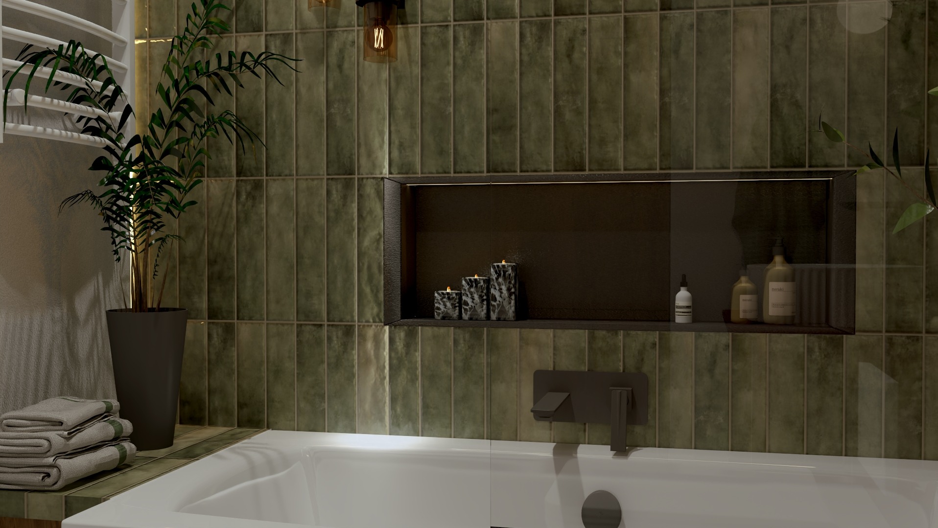 Stylowa łazienka z zielonymi, pionowymi płytkami, wnęką z oświetleniem LED, świecami i kosmetykami. Minimalistyczna bateria wannowa. Roślina doniczkowa i ręczniki.