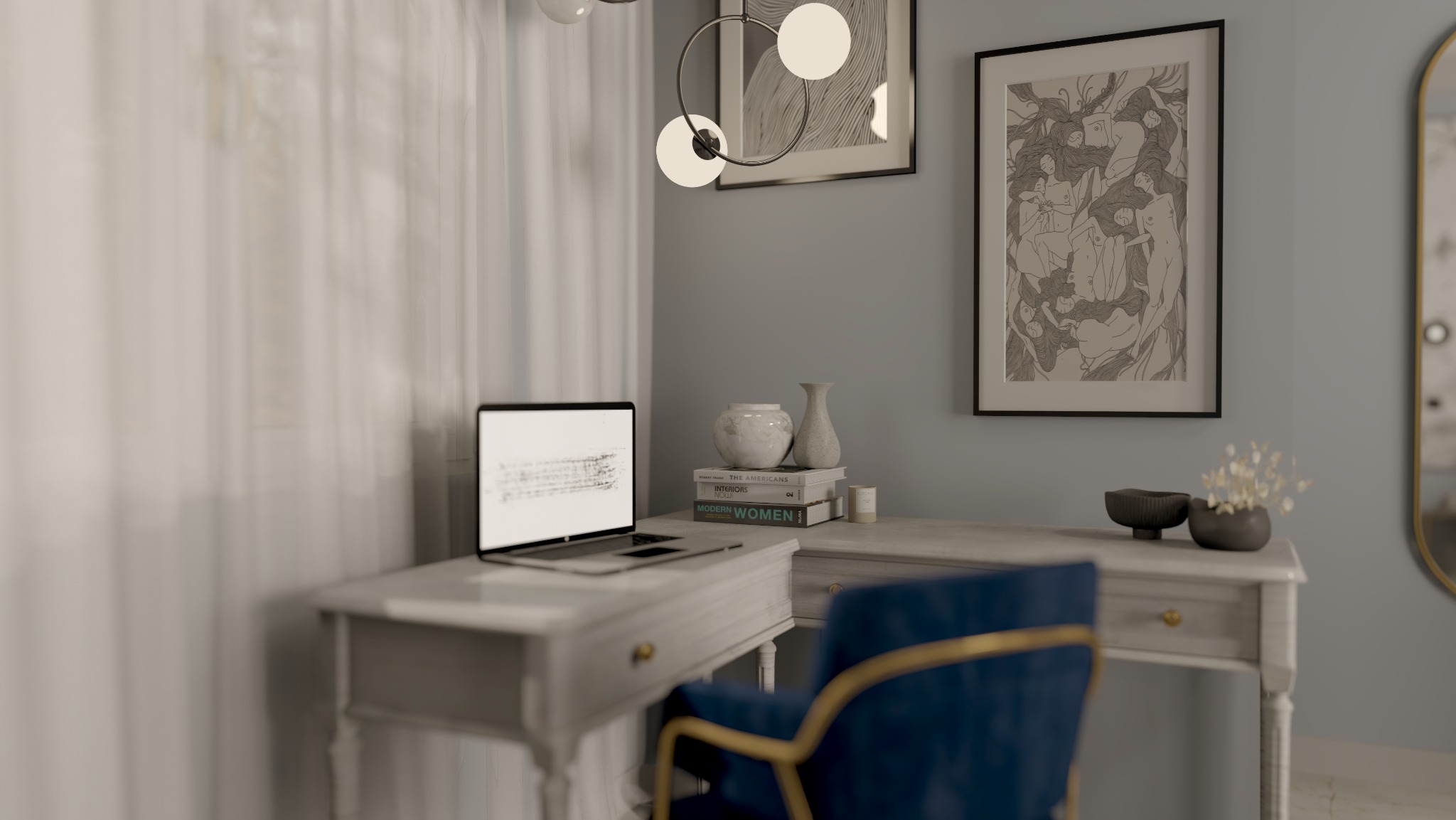 Eleganckie biuro domowe z laptopem na biurku, stylowym krzesłem i dekoracjami ściennymi. Subtelne oświetlenie i stonowana kolorystyka tworzą przytulną atmosferę.