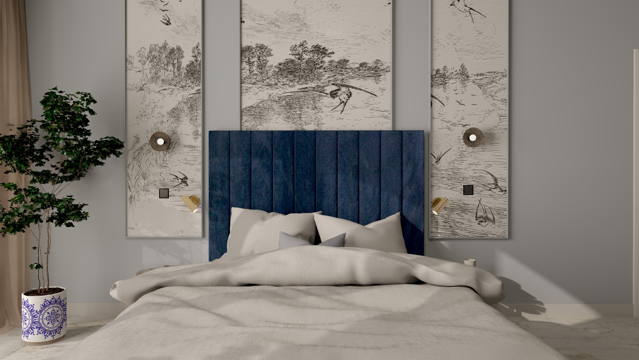 Stylowa sypialnia z łóżkiem z granatowym zagłówkiem, zdobiona grafikami z motywem ptaków i rośliną w dekoracyjnej doniczce, tworząca przytulny i elegancki klimat.