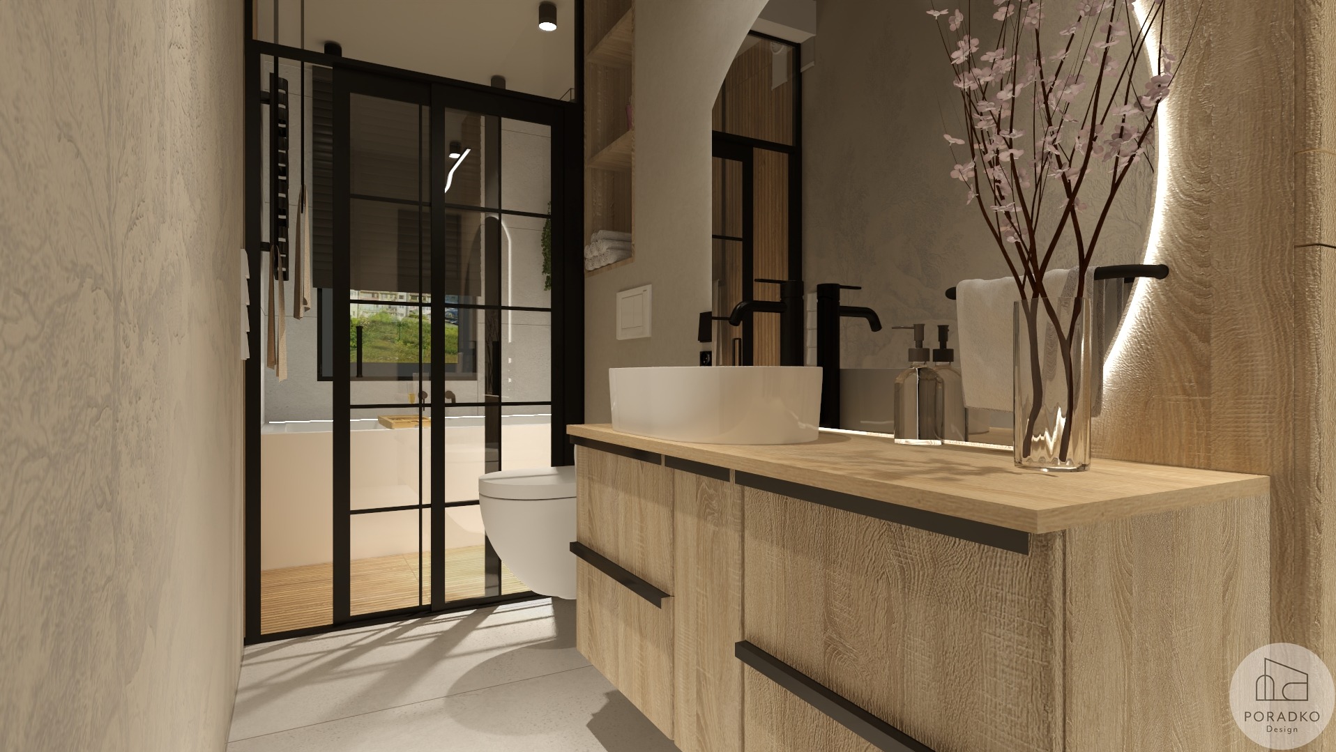 Nowoczesna łazienka z drewnianą szafką pod umywalką, czarną armaturą i dużym lustrem z podświetleniem LED. Minimalistyczny design z elementami dekoracyjnymi.