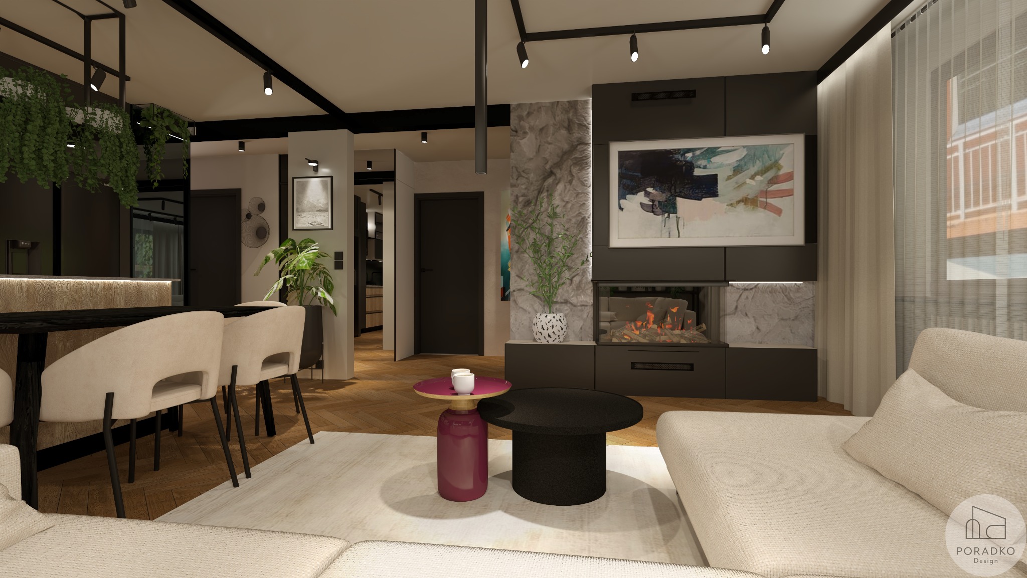 Wnętrze salonu z jadalnią w nowoczesnym stylu: beżowa sofa, krzesła, kominek z abstrakcyjnym obrazem, rośliny. Parkiet w jodełkę. Oświetlenie punktowe.