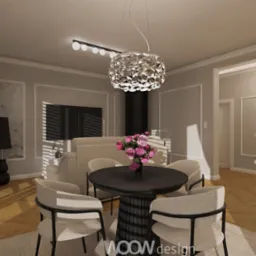 Wizualizacja salonu z okrągłym stołem, kwiatami i designerską lampą. Parkiet w jodełkę, stonowana kolorystyka i nowoczesne oświetlenie tworzą elegancką przestrzeń.