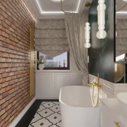 Nowoczesna łazienka z ceglaną ścianą, białą wanną wolnostojącą i wzorzystą podłogą. Złote akcenty w oświetleniu i armaturze dodają elegancji.