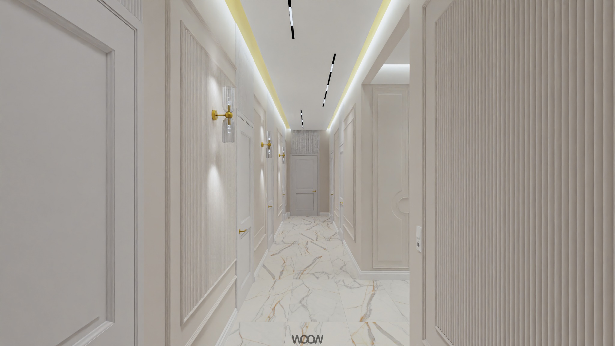 Korytarz w jasnych barwach z marmurową podłogą, oświetleniem punktowym i dekoracyjnymi panelami ściennymi. Widok na wprost, symetryczny układ.