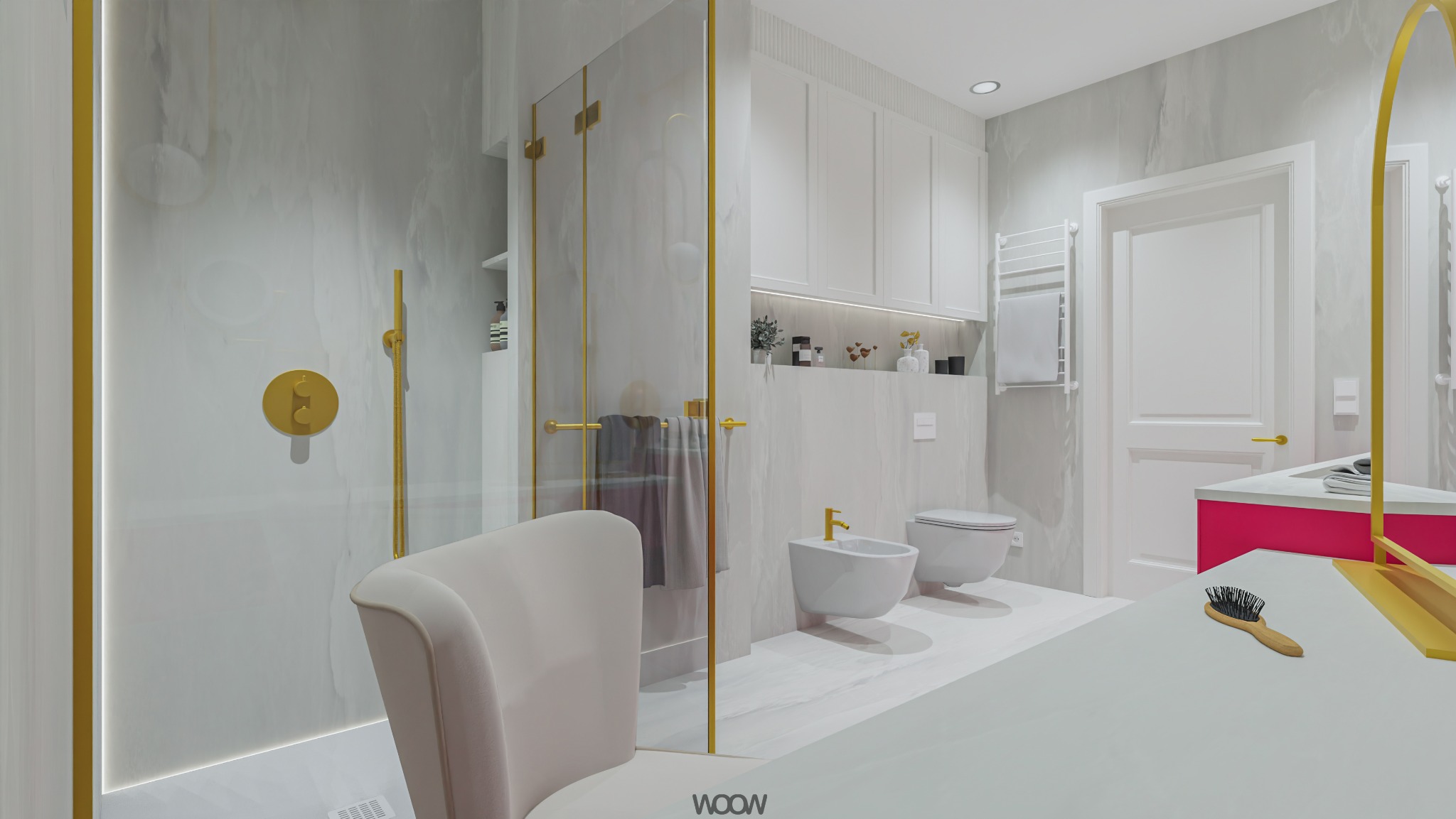 Nowoczesna aranżacja łazienki w Mysiadle. Białe płytki imitujące marmur, złote akcenty w kabinie prysznicowej, toaleta i bidet w nowoczesnym stylu, minimalistyczna szafka.