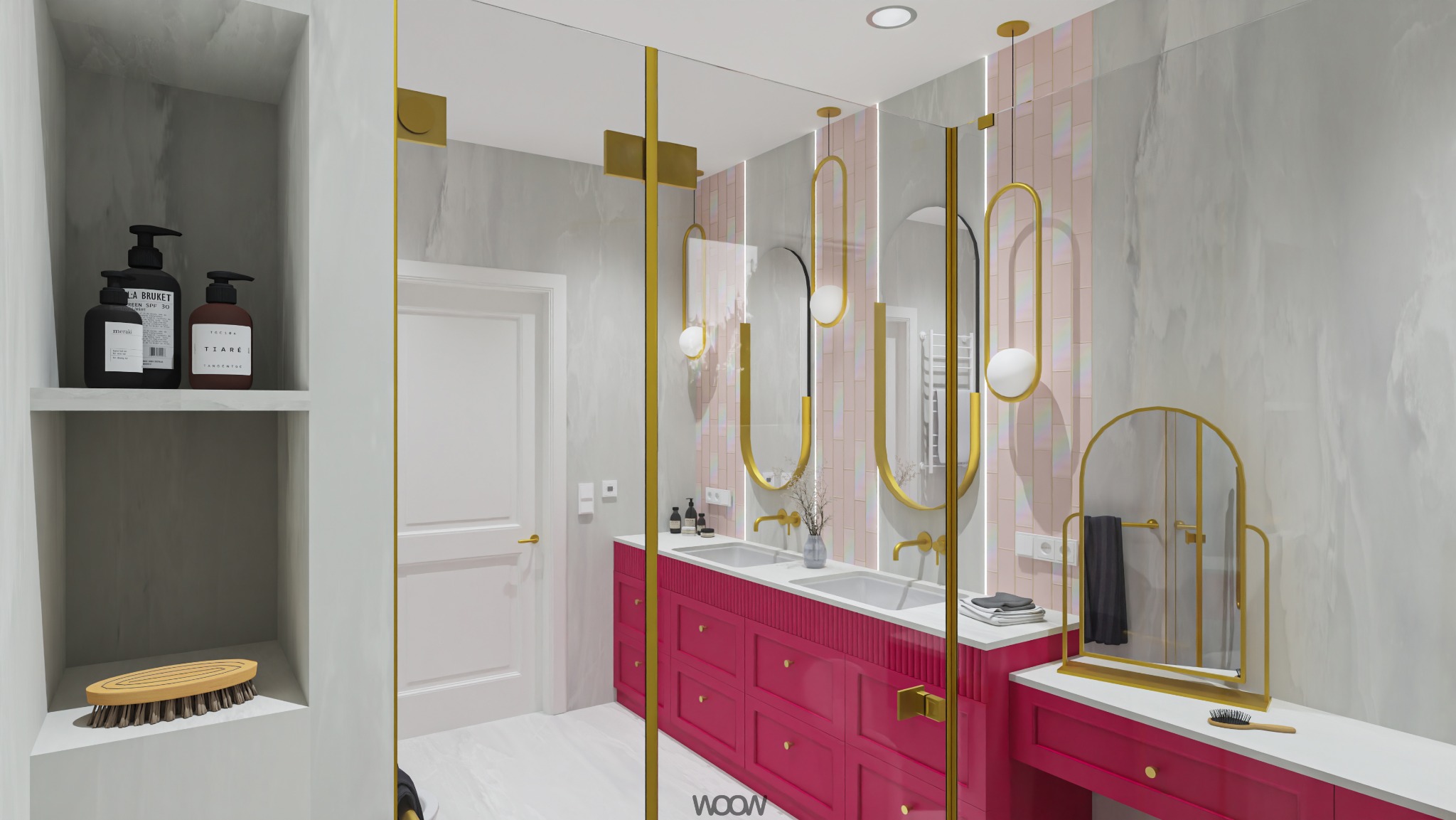 Wizualizacja łazienki z różową szafką, złotymi akcentami i owalnymi lustrami. Na półce kosmetyki i szczotka. Nowoczesny design z marmurowymi płytkami i szklaną kabiną.