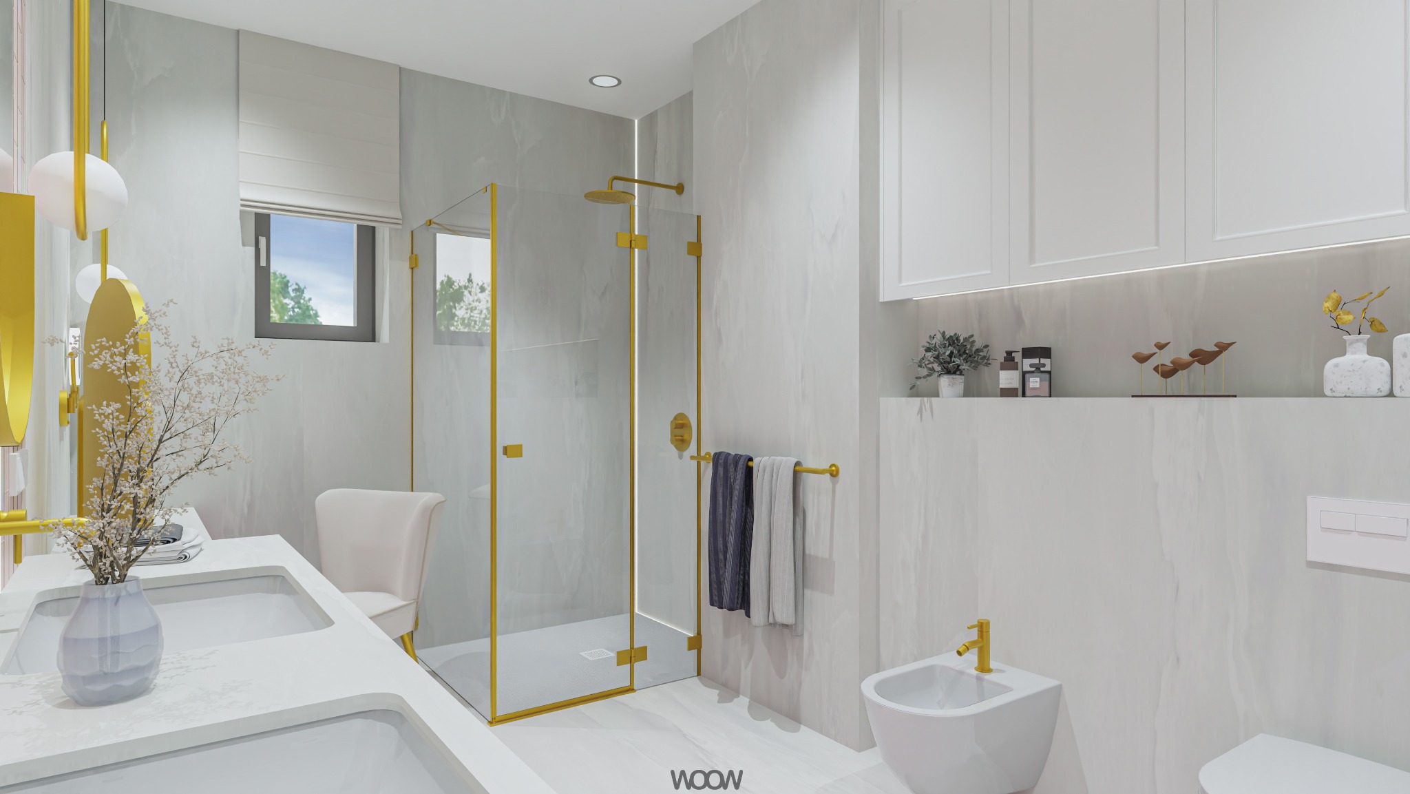 Elegancka łazienka w bieli i złocie: kabina prysznicowa typu walk-in, umywalka z dekoracyjnym bukietem, subtelne oświetlenie i minimalistyczne dodatki.