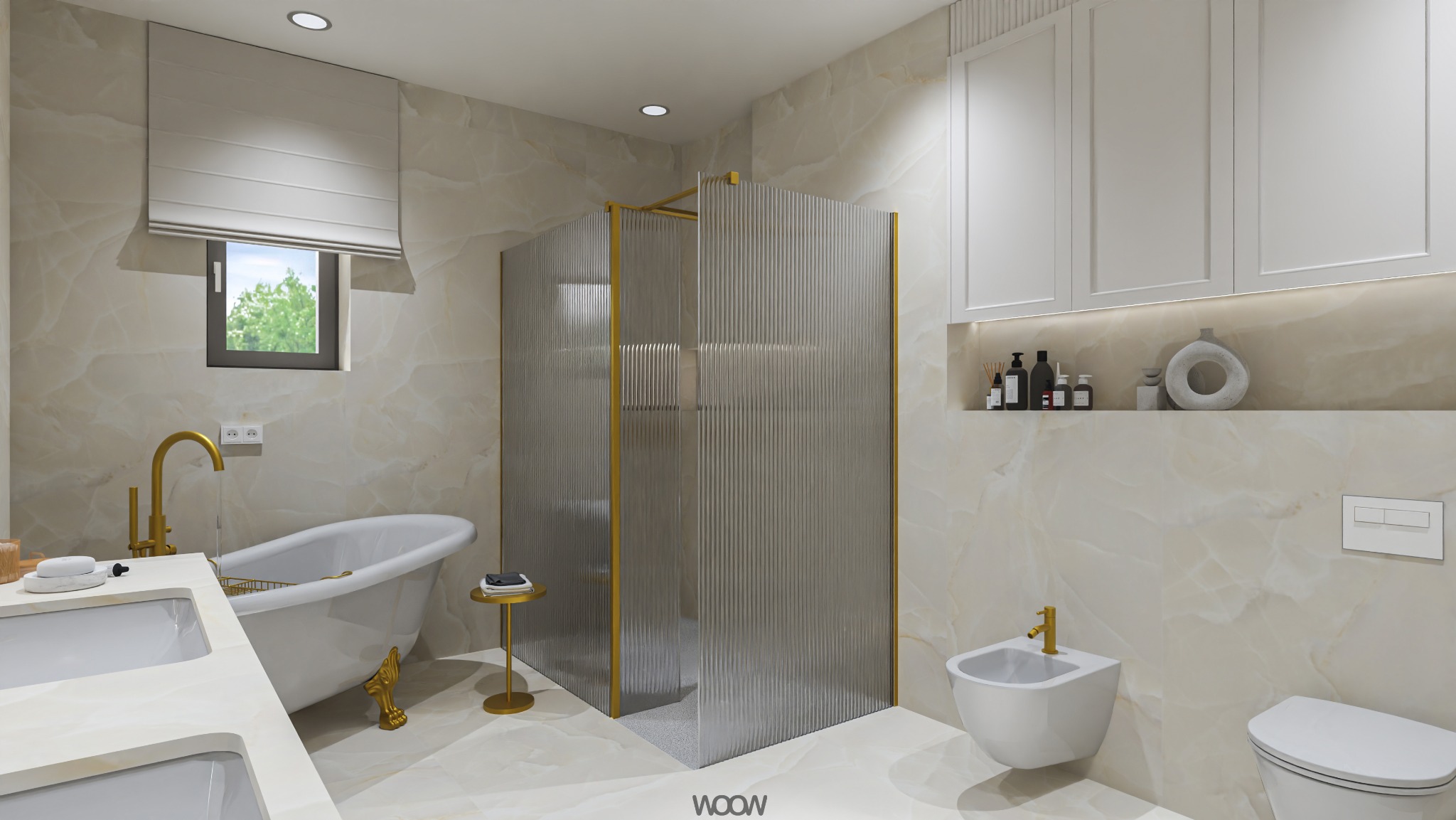 Elegancka łazienka z wanną na złotych nóżkach, kabiną prysznicową ze szkła ryflowanego i białymi szafkami podświetlonymi LED. Marmurowe ściany i złote akcenty.