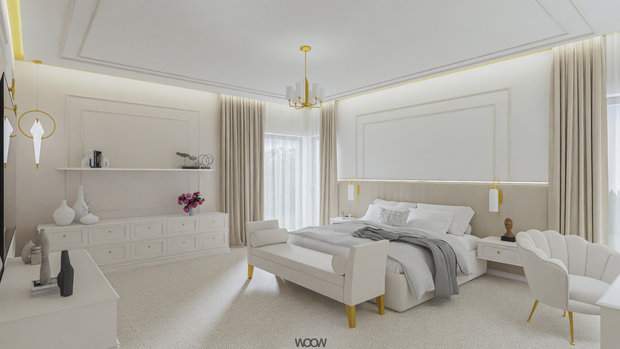 Jasna sypialnia w stylu glamour: białe meble, złote akcenty, dekoracyjne sztukaterie i subtelne oświetlenie tworzą elegancką i przytulną przestrzeń.