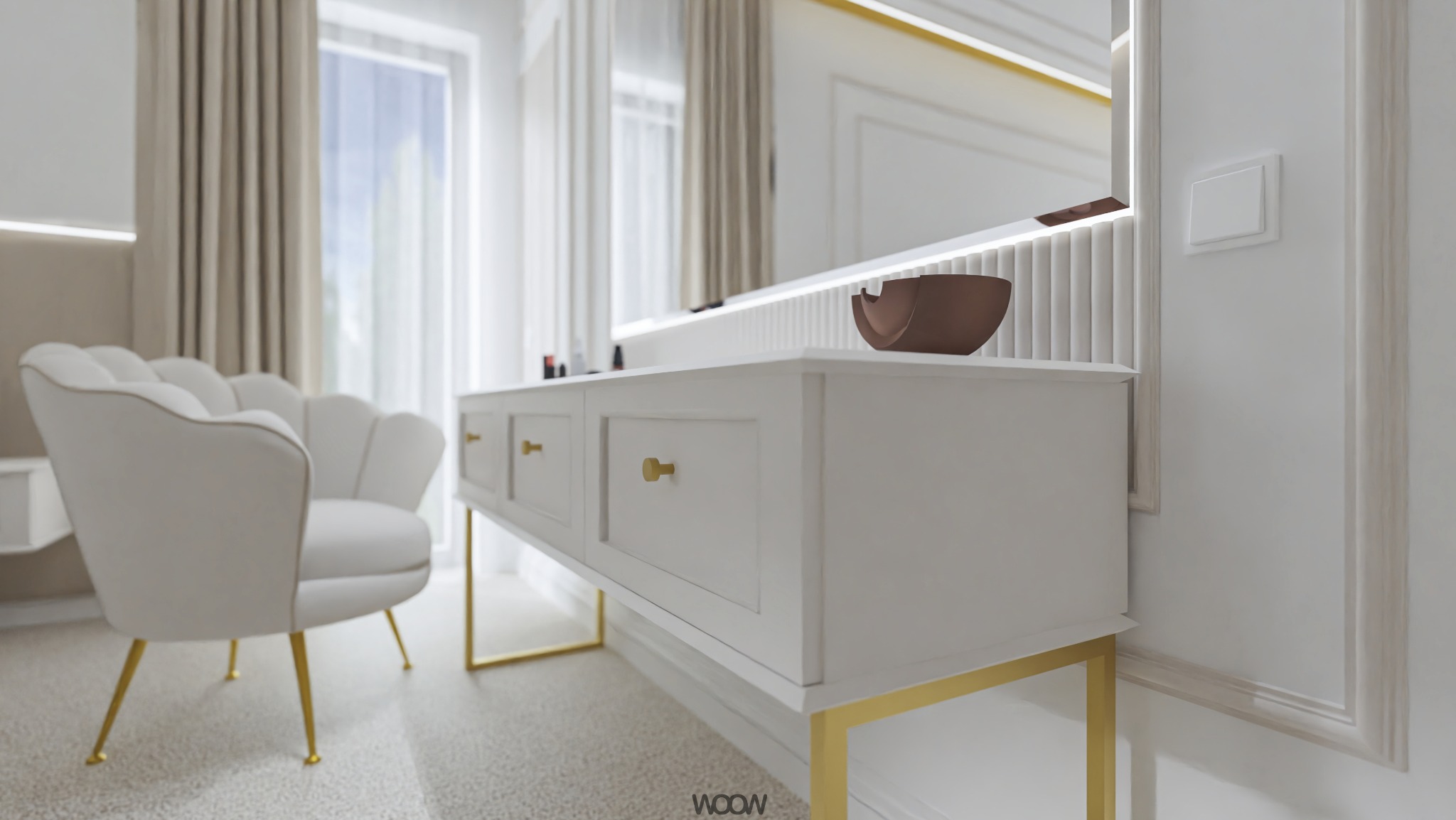 Elegancka toaletka w bieli ze złotymi akcentami i designerskim krzesłem w pokoju. Subtelne oświetlenie i dekoracyjne detale tworzą luksusową przestrzeń.