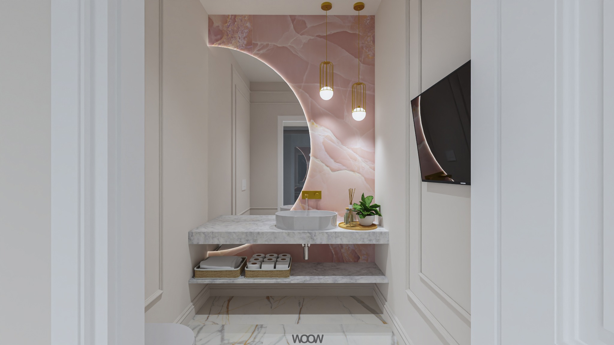 Elegancka łazienka z marmurową umywalką i różowym panelem dekoracyjnym podświetlonym lampami. Telewizor na ścianie i białe wykończenie dodają nowoczesności.