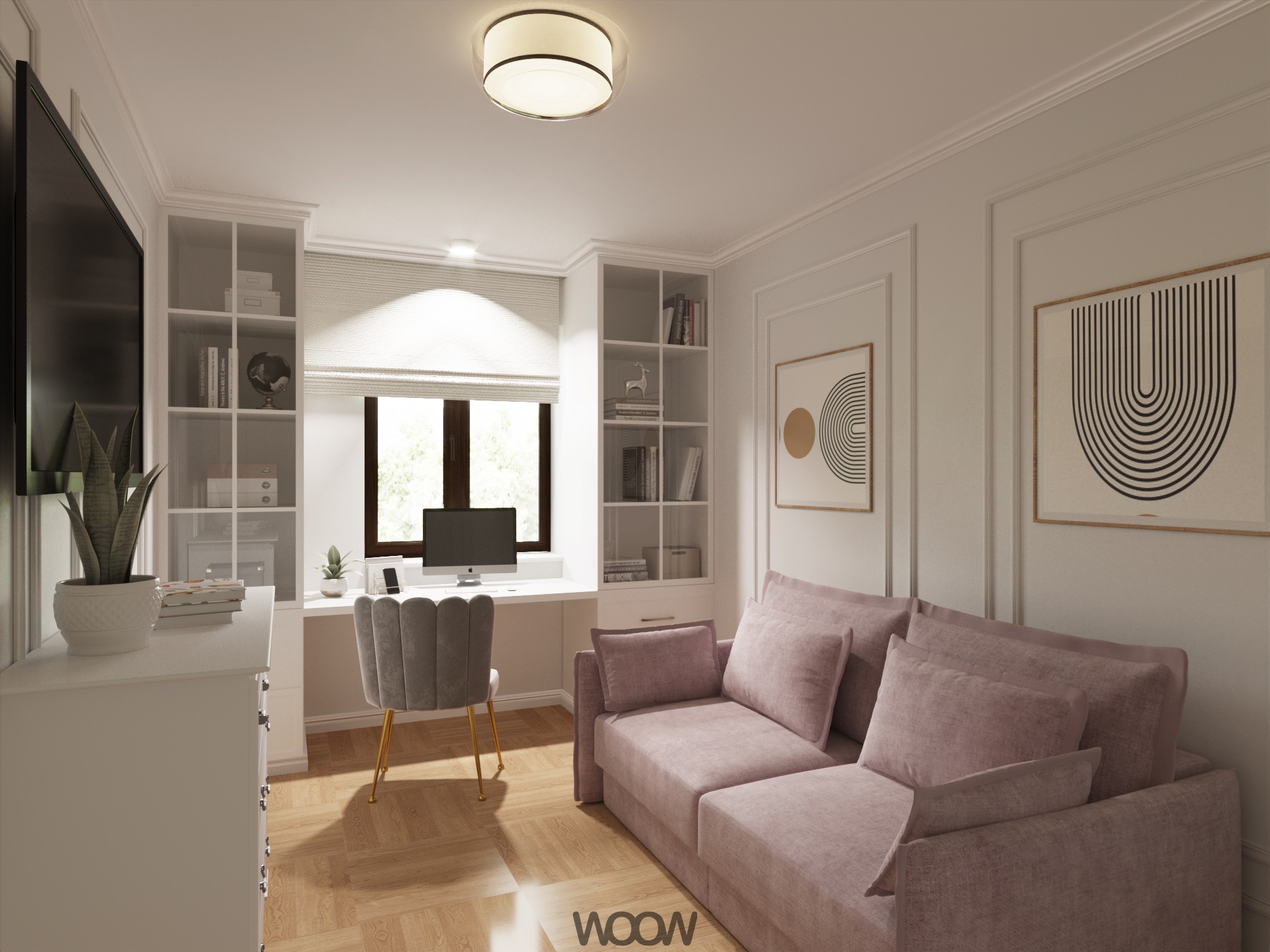 Jasne biuro w domu z sofą w odcieniach różu, biurkiem pod oknem i regałami. Minimalistyczne grafiki na ścianie, drewniana podłoga.