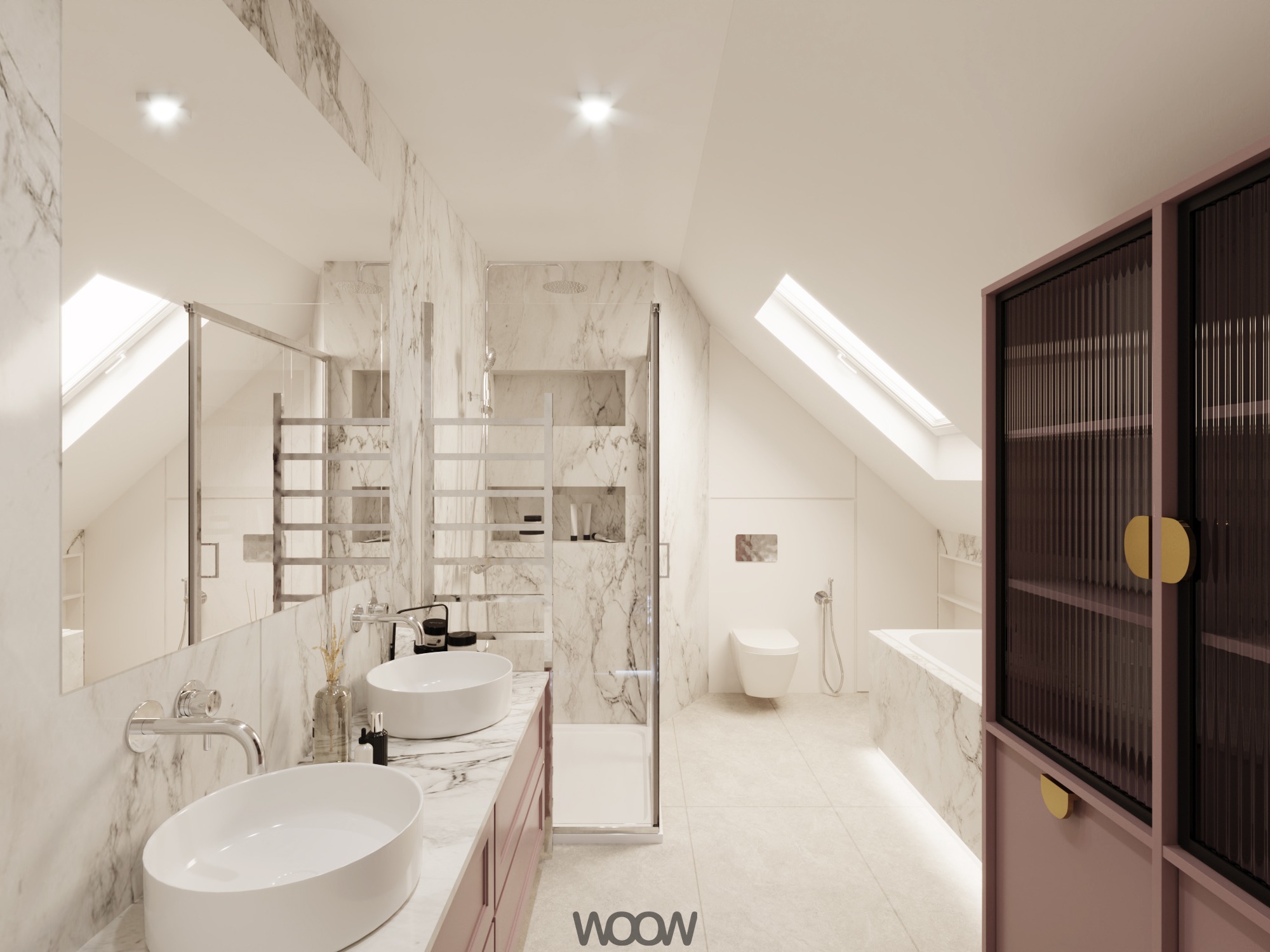 Jasna łazienka na poddaszu z marmurowymi ścianami, dwiema umywalkami i kabiną prysznicową. Widoczna toaleta i wanna. Szafka w kolorze pudrowego różu.