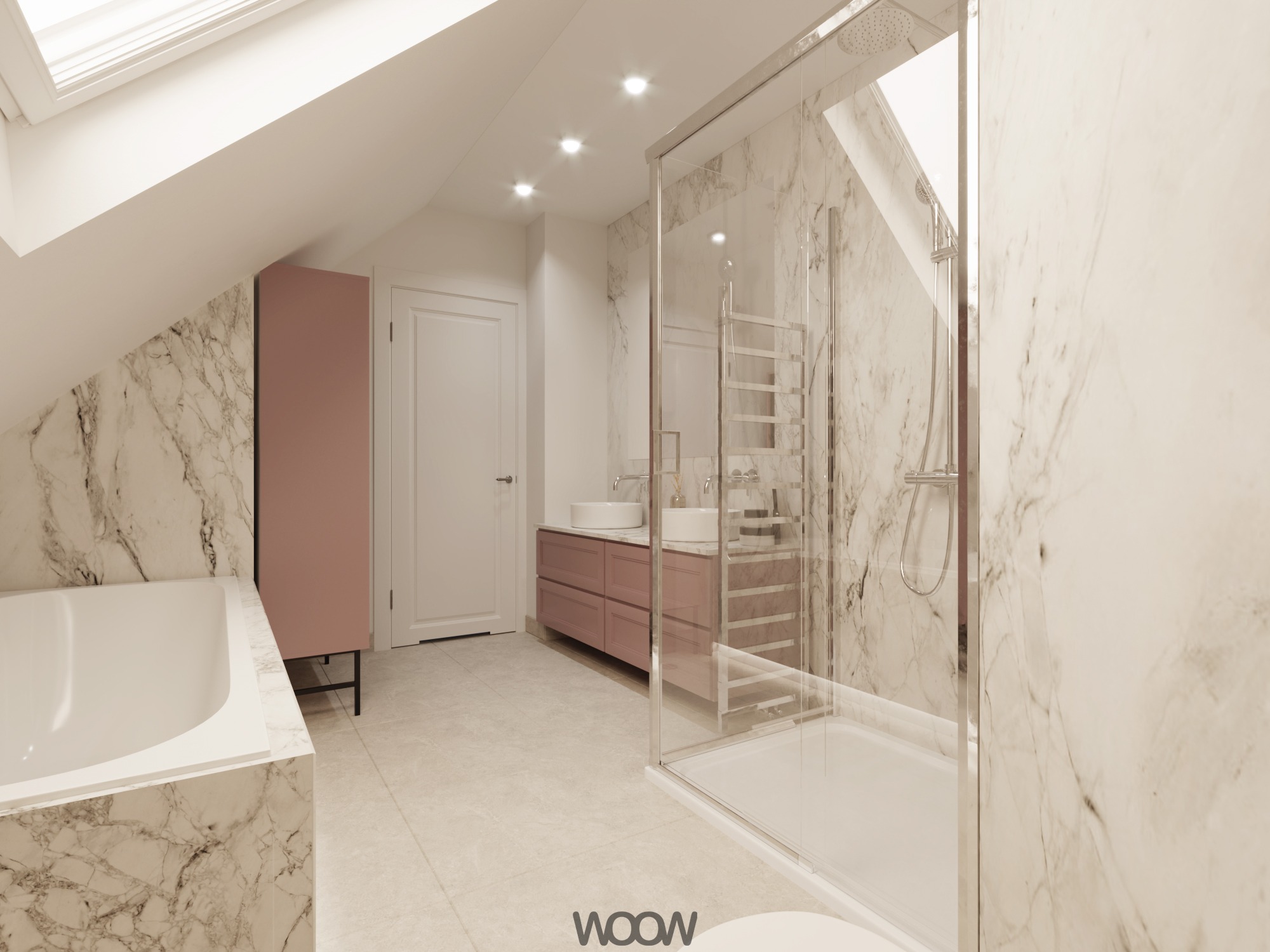 Kremowa łazienka na poddaszu z marmurowymi ścianami, kabiną prysznicową ze szklaną ścianką, umywalką nablatową i szafką w odcieniach pudrowego różu.