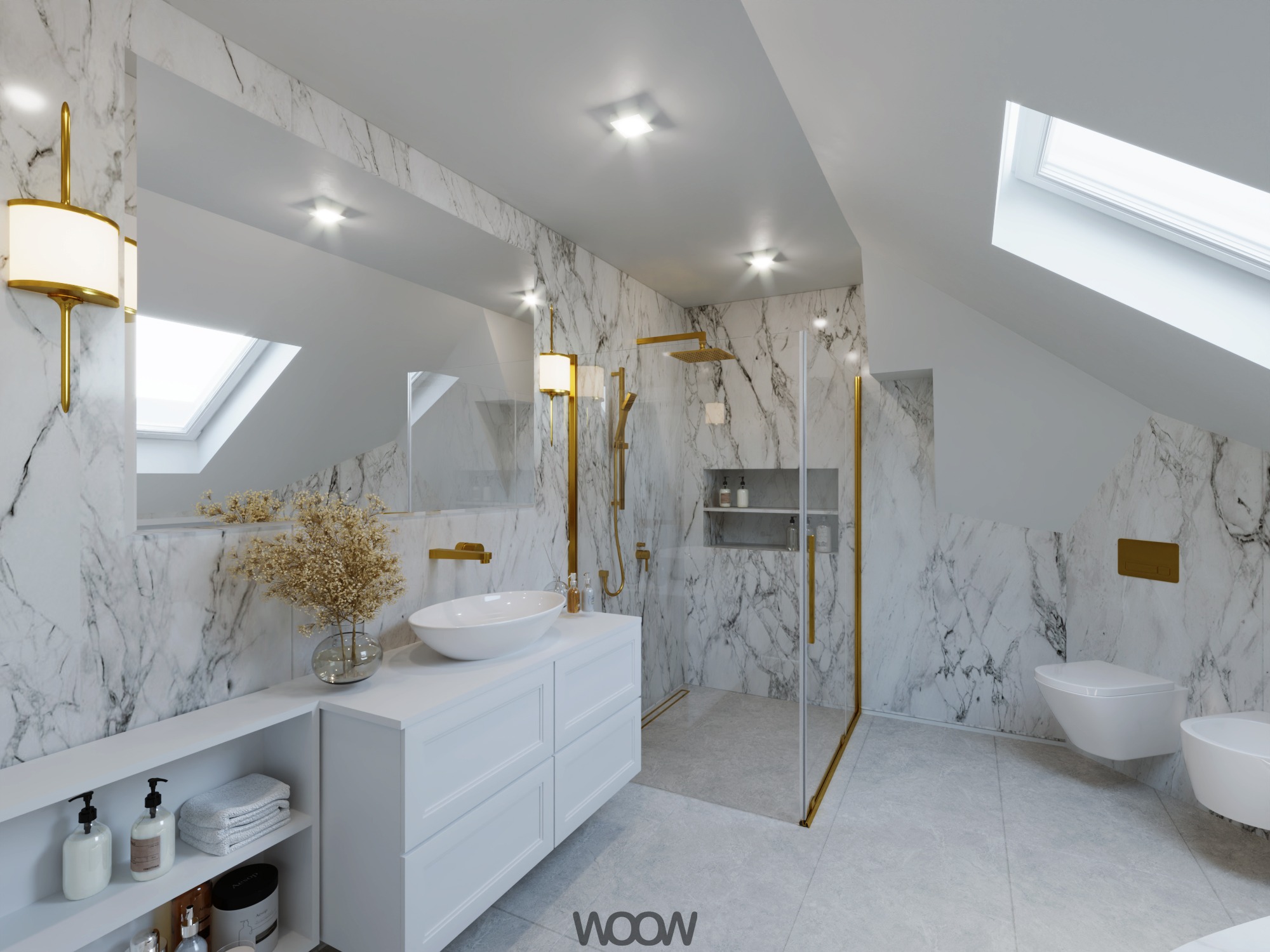 Nowoczesna łazienka na poddaszu z marmurowymi ścianami, białą armaturą i złotymi akcentami. Umywalka nablatowa, kabina prysznicowa typu walk-in i toaleta podwieszana.