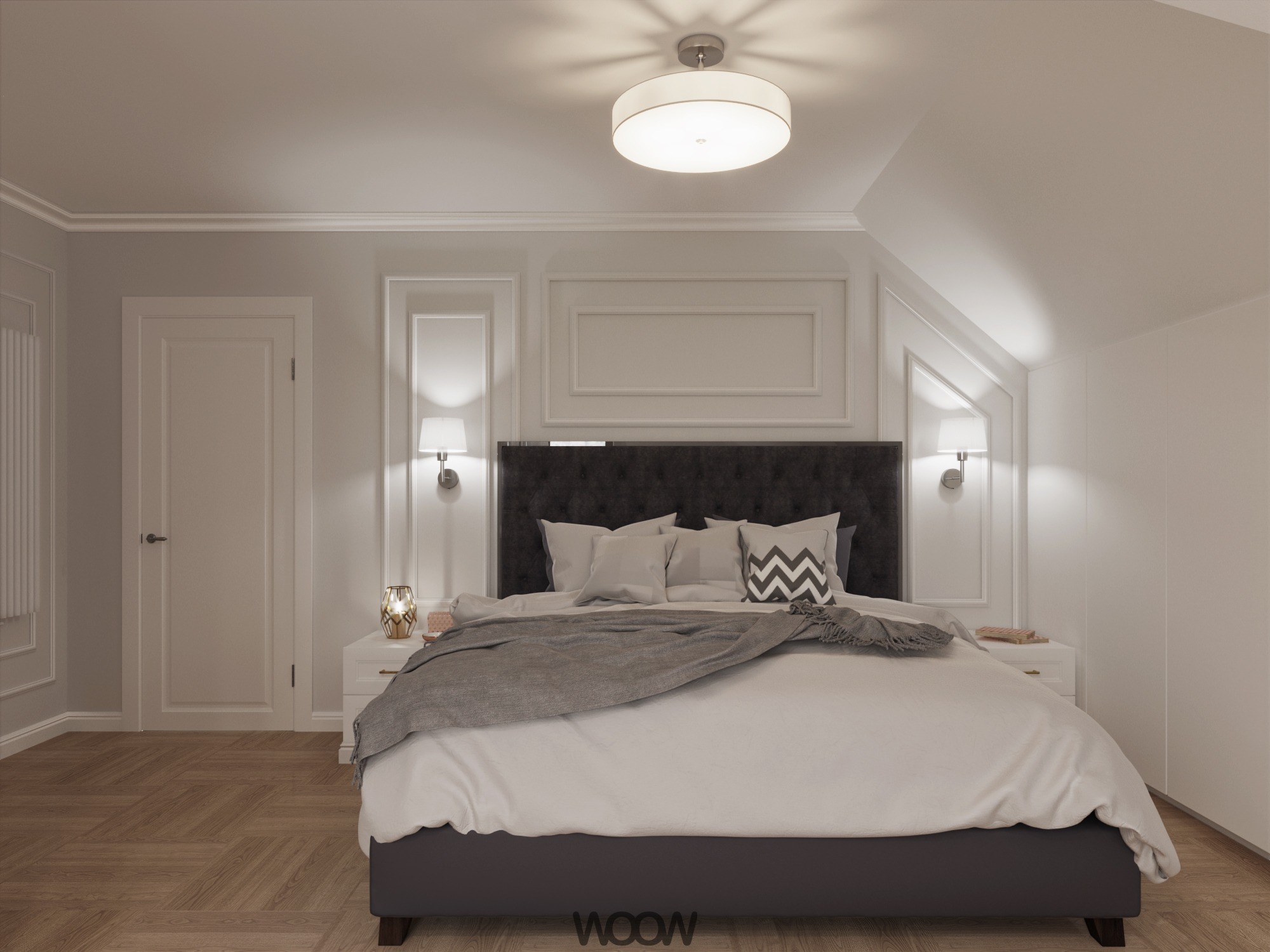 Jasna sypialnia na poddaszu z łóżkiem z ciemnym zagłówkiem i wzorzystą poduszką. Na szafkach nocnych lampki i dekoracje. Parkiet w jodełkę na podłodze.