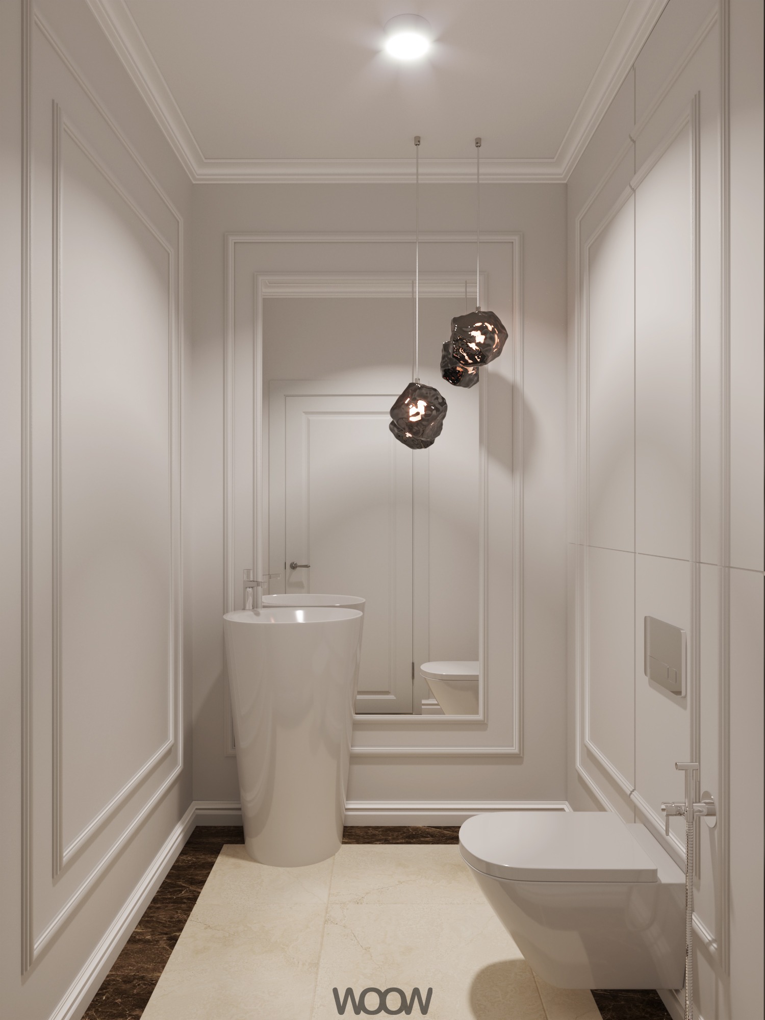 Elegancka, wąska łazienka z umywalką na postumencie, podwieszaną toaletą i lustrem. Minimalistyczne oświetlenie i dekoracyjne listwy ścienne w odcieniach bieli.