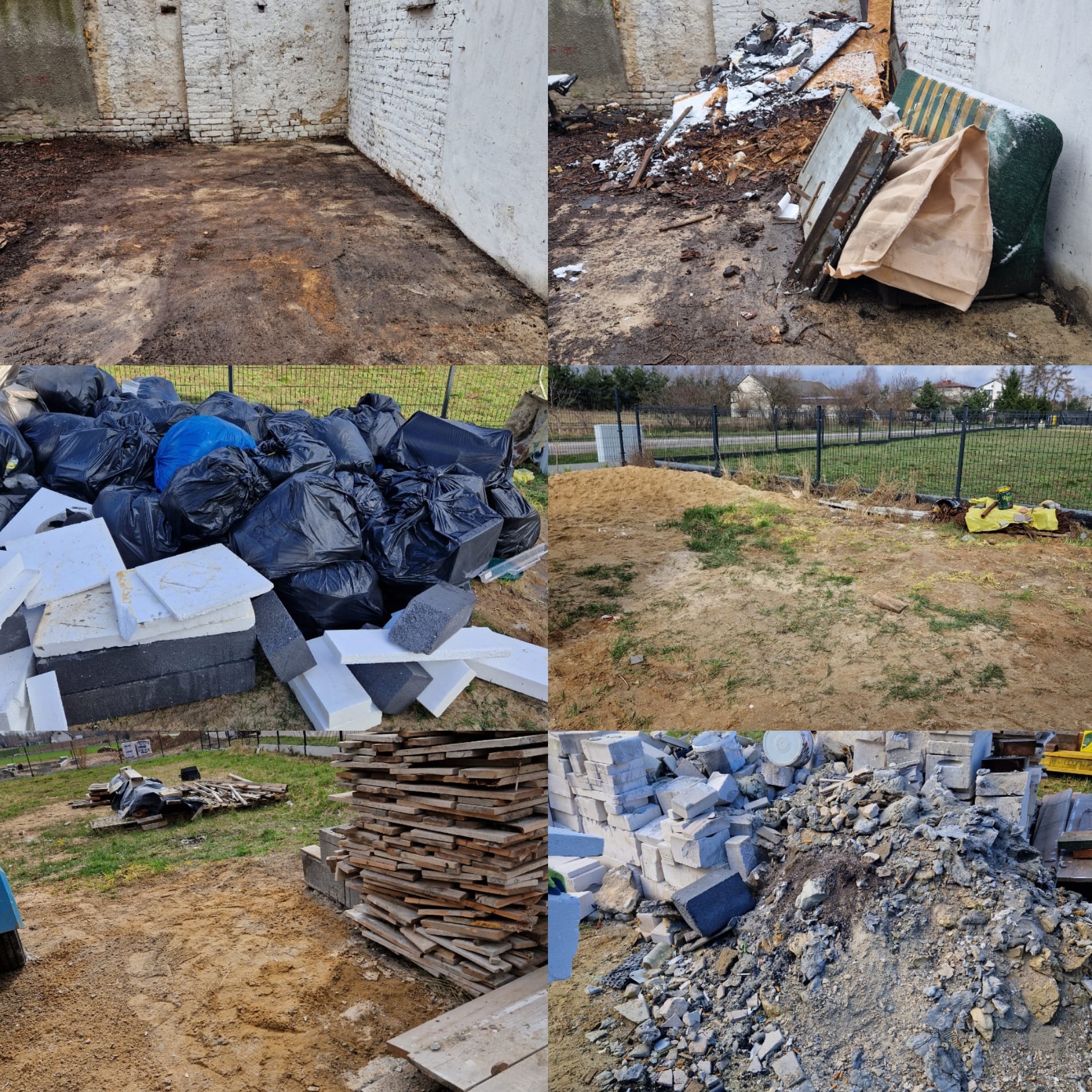 Kompilacja zdjęć z różnymi odpadami budowlanymi i gruzem, worki, drewno, cegły, styropian, meble, teren po sprzątaniu. Widoczne ogrodzenie i zabudowa w tle.