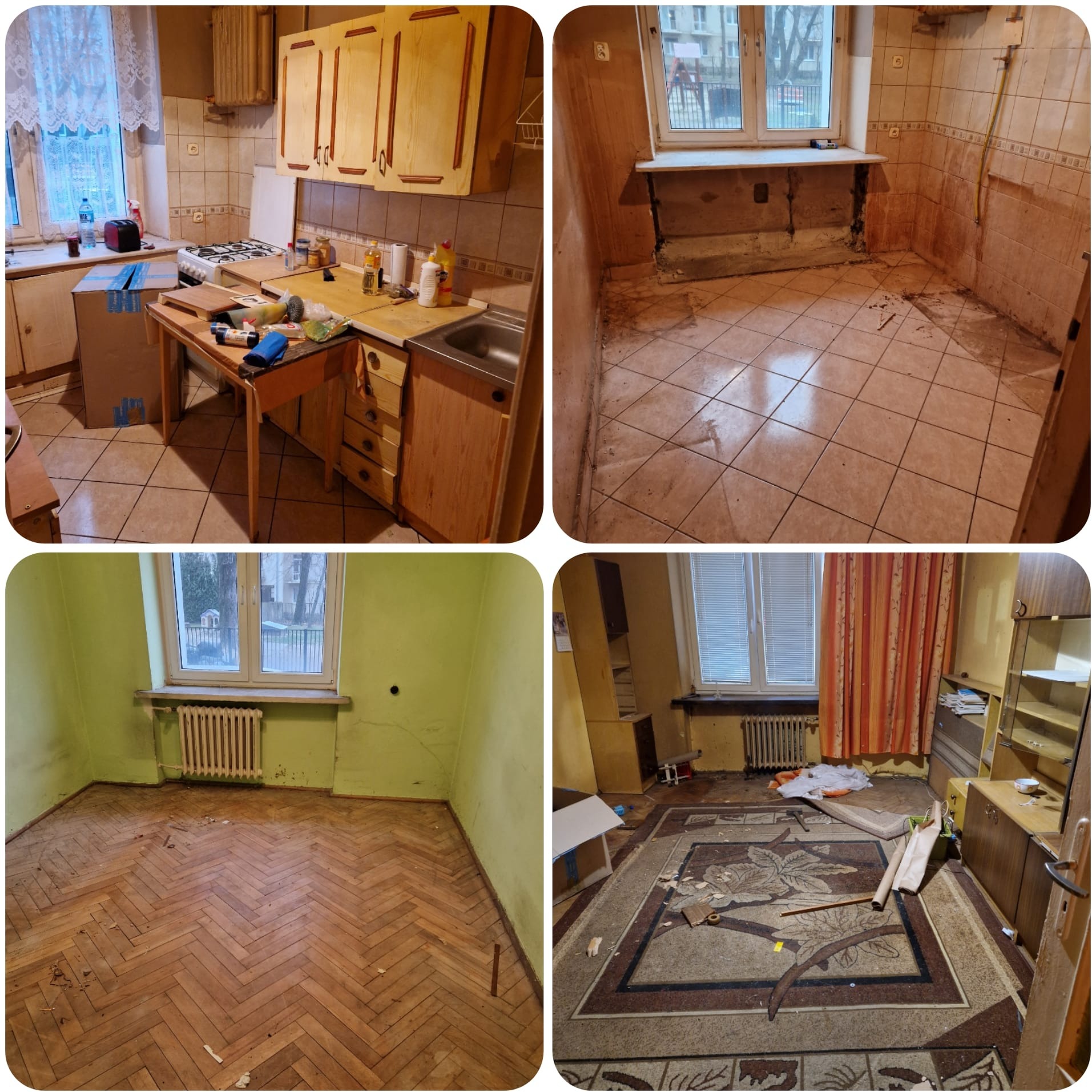 Cztery kadry z wnętrz przed remontem: kuchnia z wyposażeniem, łazienka po demontażu, pokój z parkietem i pokój z dywanem. Widoczne ślady użytkowania i zniszczenia.