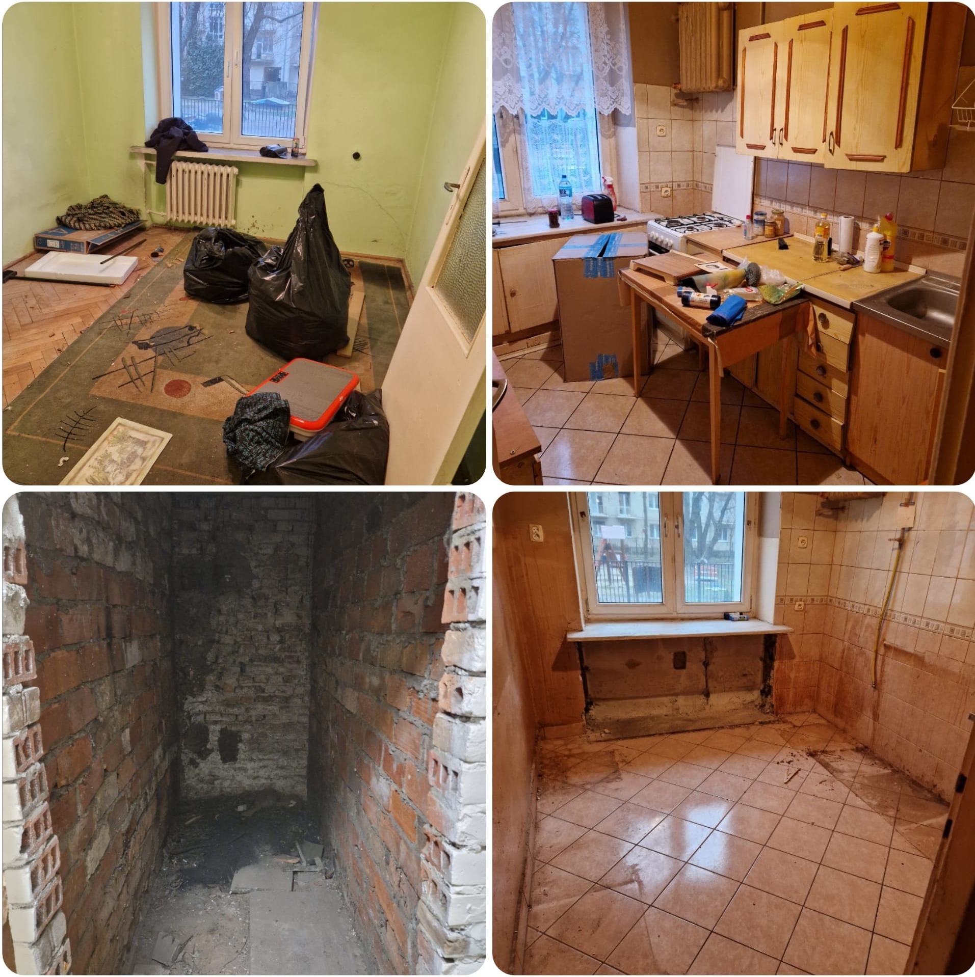 Kolaż czterech zdjęć wnętrz w trakcie opróżniania: pokój z workami, kuchnia z wyposażeniem, piwnica z cegły, łazienka z usuniętymi elementami. Stan przed remontem.