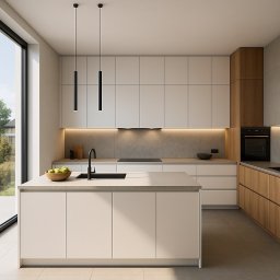 Aertero - A. I. Creative Works - Nowoczesna kuchnia z wyspą, minimalistyczne białe szafki, drewniane akcenty, czarne lampy wiszące i duże okno z widokiem na zieleń. Oświetlenie LED pod szafkami.