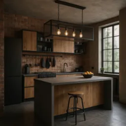 Loftowa kuchnia z ceglaną ścianą, drewnianymi szafkami i wyspą. Nad wyspą designerska lampa z czterema żarówkami edisona. Minimalistyczny wystrój, czarne akcenty.