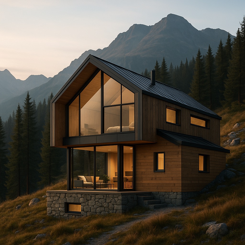 Nowoczesny dom z drewna i szkła na tle gór. Duże okna, kamienna podstawa, minimalistyczny design wkomponowany w naturalny krajobraz. Oświetlenie wnętrza tworzy ciepły kontrast.