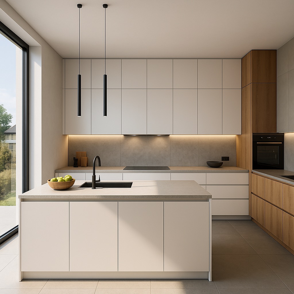 Nowoczesna kuchnia z wyspą, minimalistyczne białe szafki, drewniane akcenty, czarne lampy wiszące i duże okno z widokiem na zieleń. Oświetlenie LED pod szafkami.