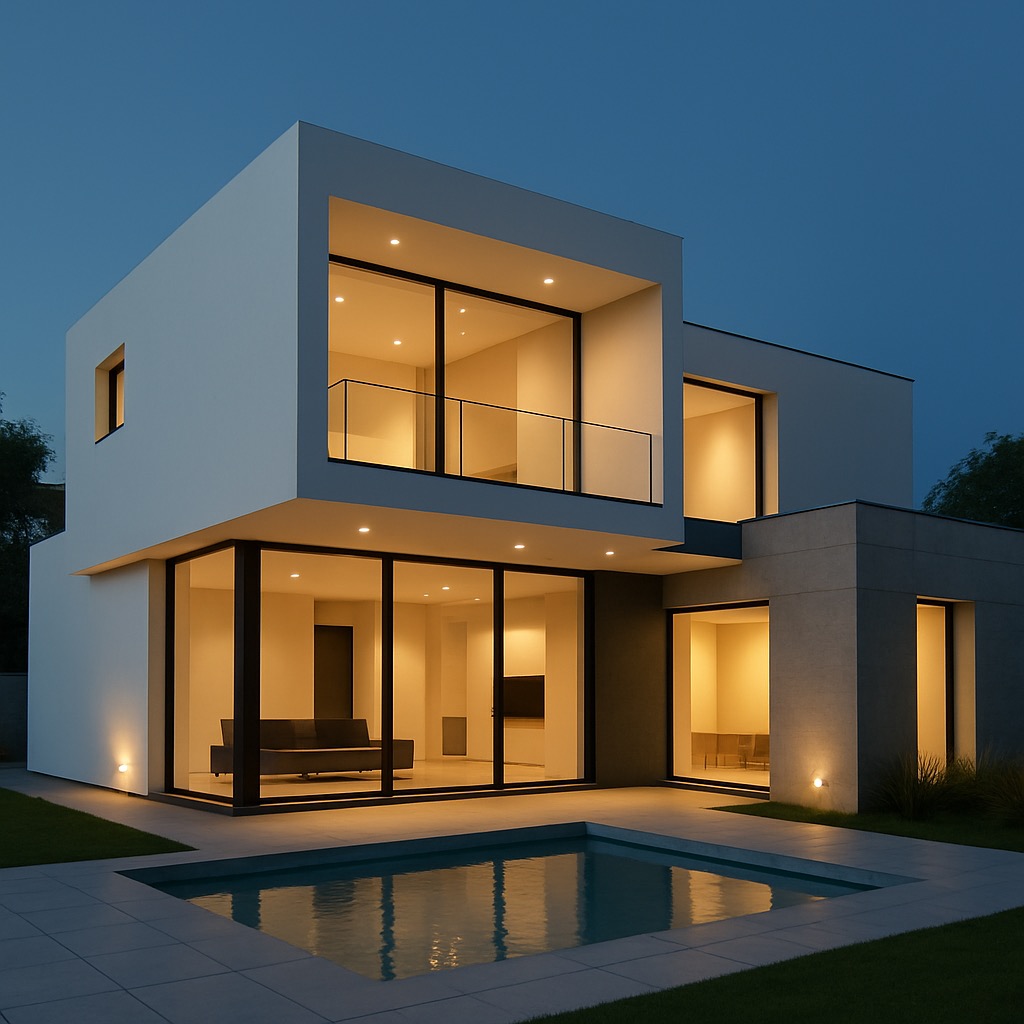 Nowoczesna, dwukondygnacyjna willa z basenem oświetlona wieczornym światłem. Duże okna ukazują minimalistyczne wnętrze. Architektura w stylu kubistycznym.