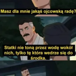 Kadr z animacji: ojciec udziela synowi życiowej rady. Napisy w języku polskim. Scena z serialu animowanego z morałem.
