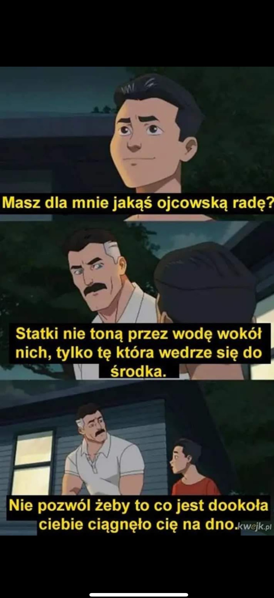 Kadr z animacji: ojciec udziela synowi życiowej rady. Napisy w języku polskim. Scena z serialu animowanego z morałem.
