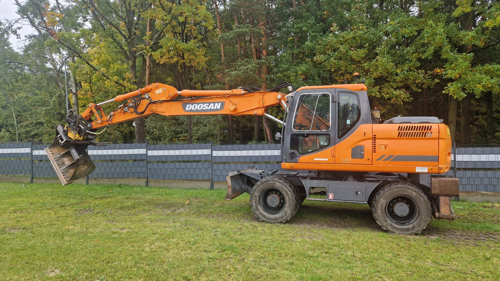 Pomarańczowa koparka kołowa Doosan na trawiastym terenie, z łyżką skierowaną w dół. W tle siatka ogrodzeniowa i drzewa z jesiennymi liśćmi. Maszyna gotowa do pracy.