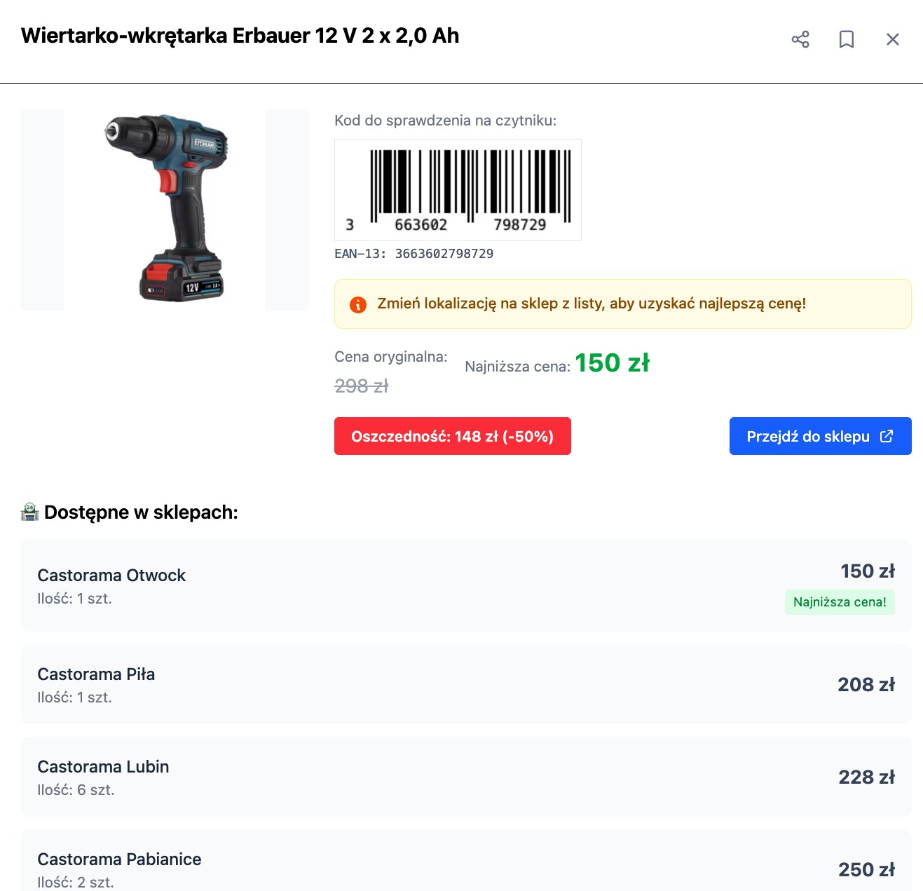 Wiertarko-wkrętarka Erbauer 12 V 2 x 2,0 Ah na stronie sklepu internetowego, prezentująca cenę i dostępność w różnych lokalizacjach Castoramy.