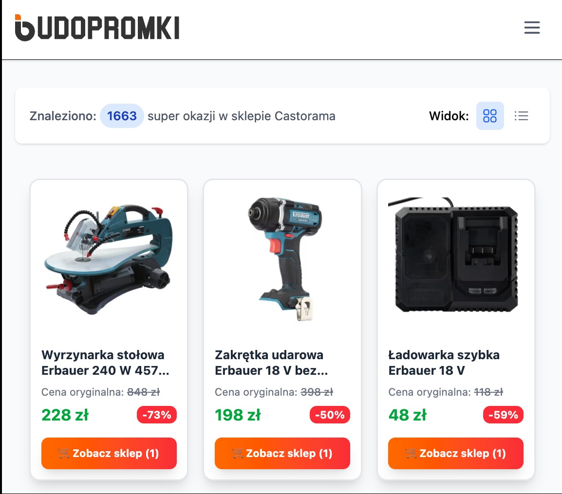 Super okazje w Castoramie: wyrzynarka stołowa, zakrętka udarowa i ładowarka Erbauer. Produkty z rabatami, widoczne ceny i linki do sklepu.