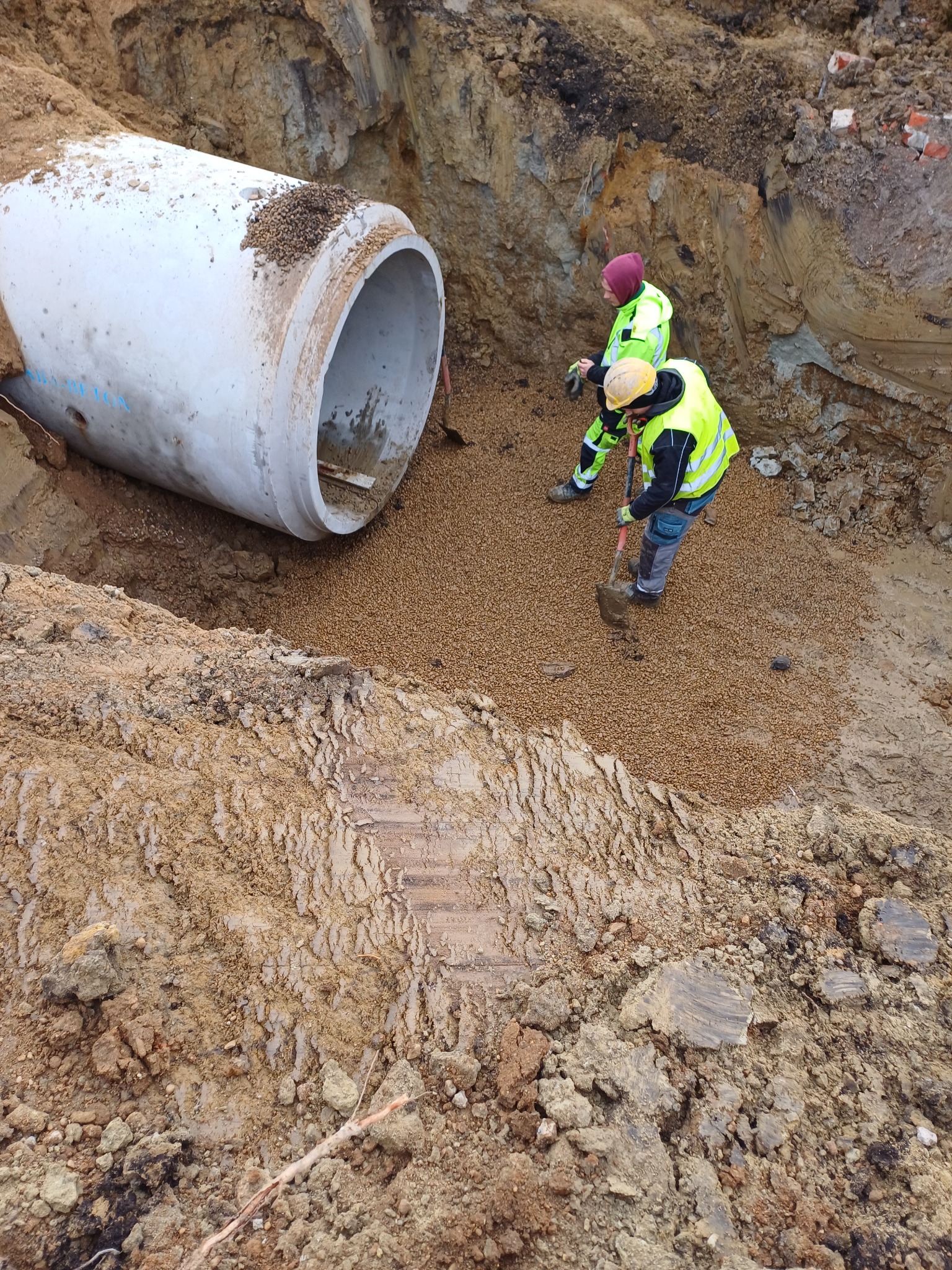 Montaż betonowej rury w wykopie pod przyłącze wodno-kanalizacyjne. Dwóch pracowników wyrównuje podłoże pod rurę. Widoczne narzędzia i zabezpieczenia wykopu.