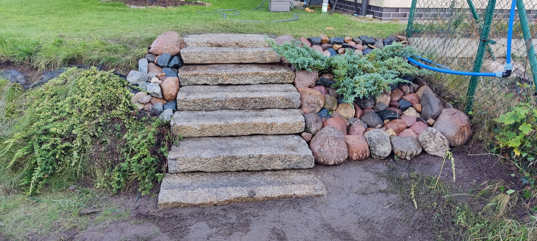 Kamienne schody ogrodowe z roślinami i kamieniami ozdobnymi, prowadzące przez nierówny teren. Widoczny system nawadniania przy ogrodzeniu.