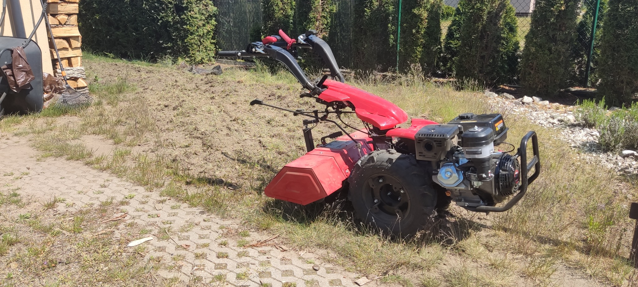 Czerwony glebogryzarek spalinowy na nierównym terenie z resztkami trawy, przygotowanym pod uprawę. W tle iglaki i drewno opałowe.