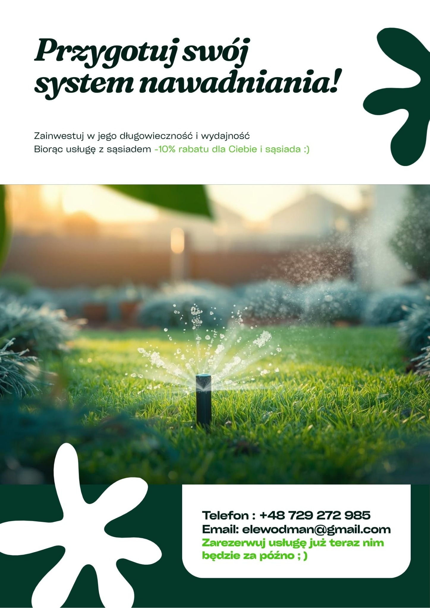 Działający zraszacz ogrodowy nawadnia trawnik w promieniach słońca. Reklama usługi z hasłem 'Przygotuj swój system nawadniania!'
