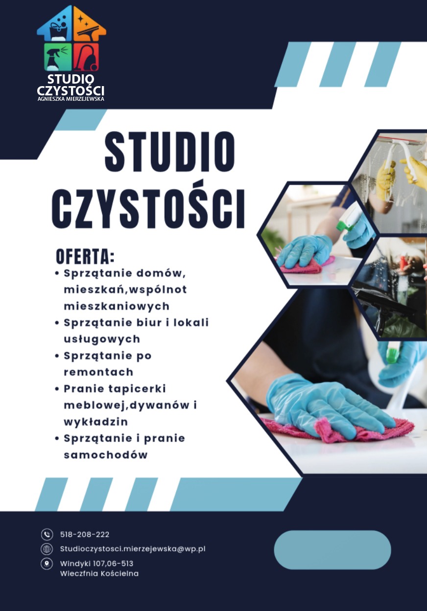 Plakat firmy sprzątającej Studio Czystości z ofertą sprzątania domów, biur, po remontach i prania tapicerki, dywanów. Grafika z dłońmi w rękawicach czyszczących powierzchnie.